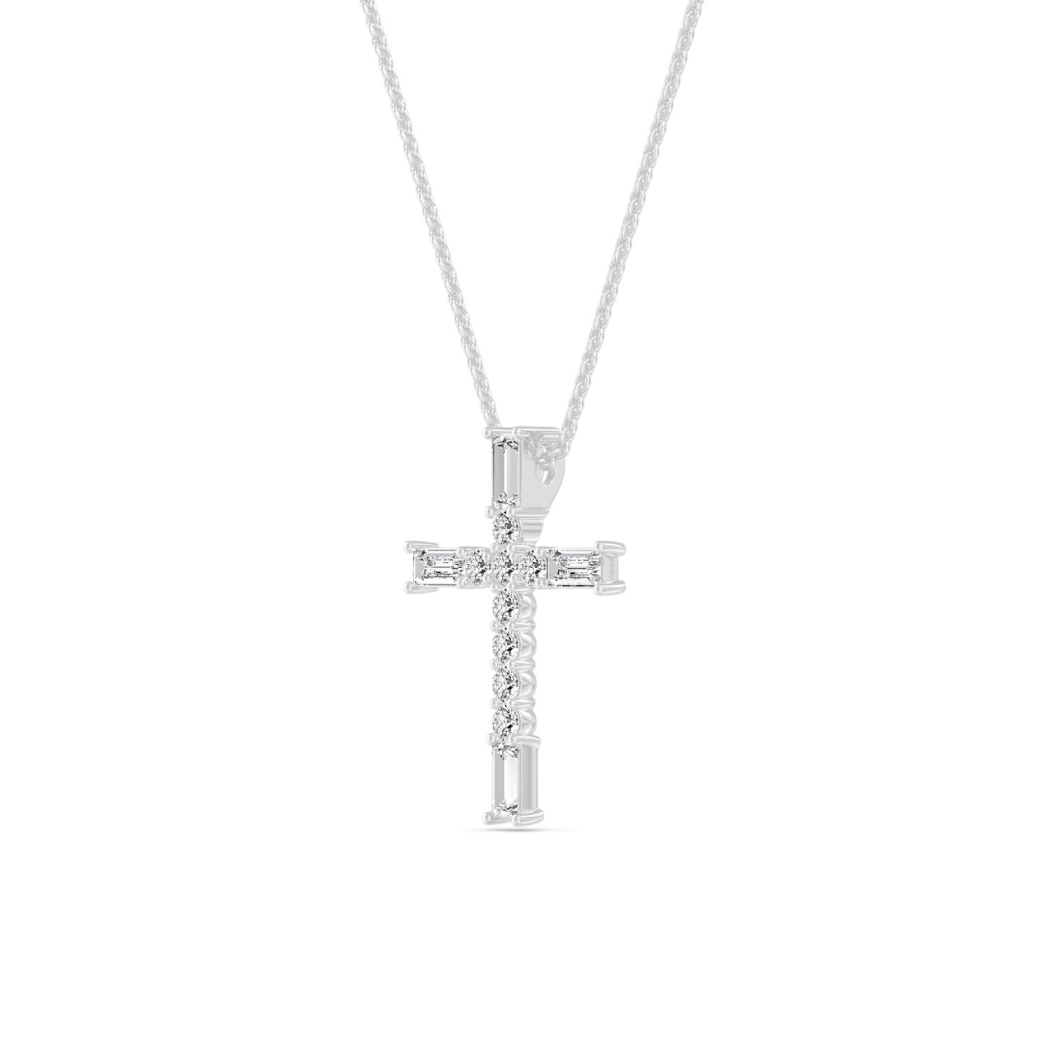 Chapel, Baguette Cross Pendant in White Gold, mixed, plain background, alternate view