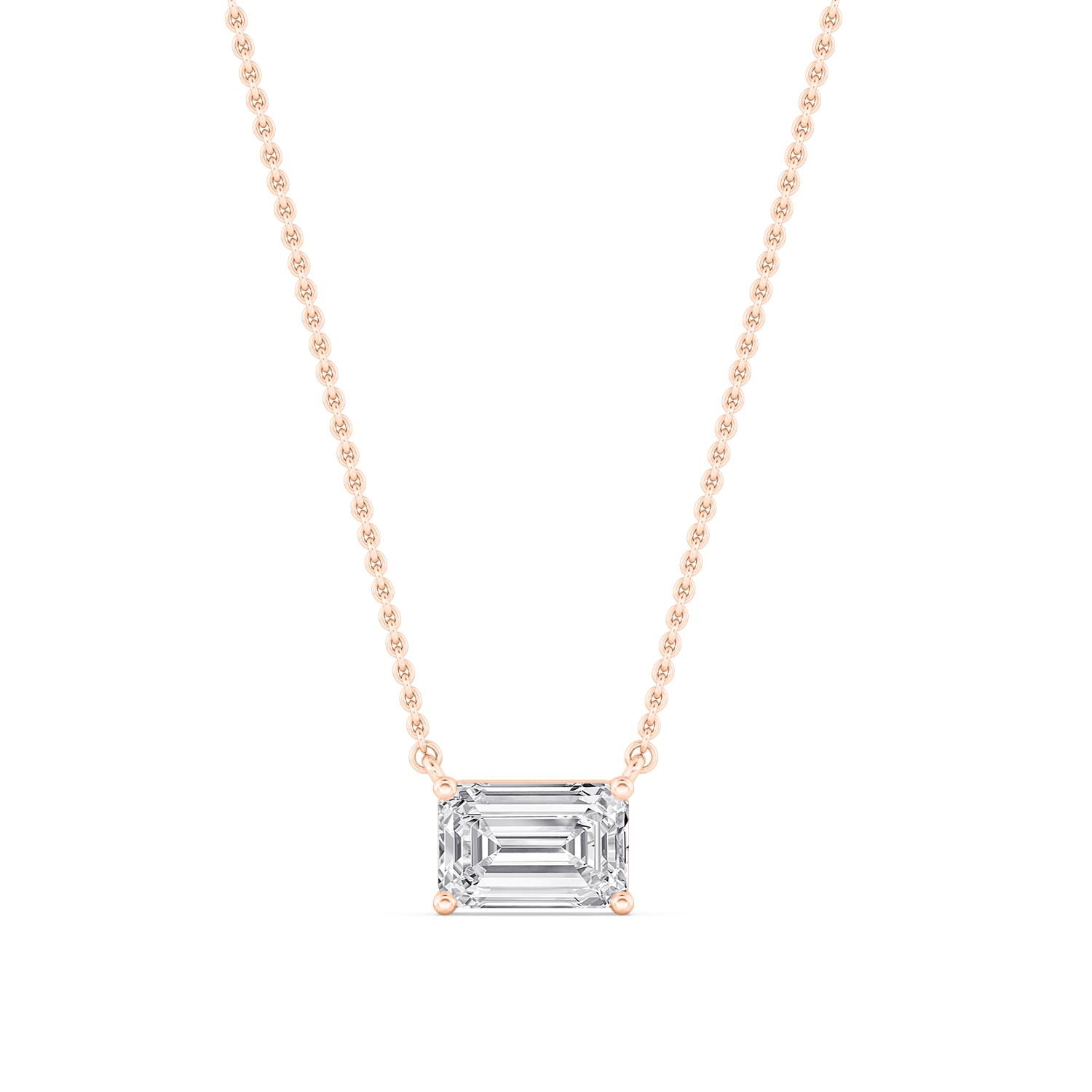 Peat, East-West Emerald-Cut Solitaire Pendant in Rose Gold, emerald, plain background