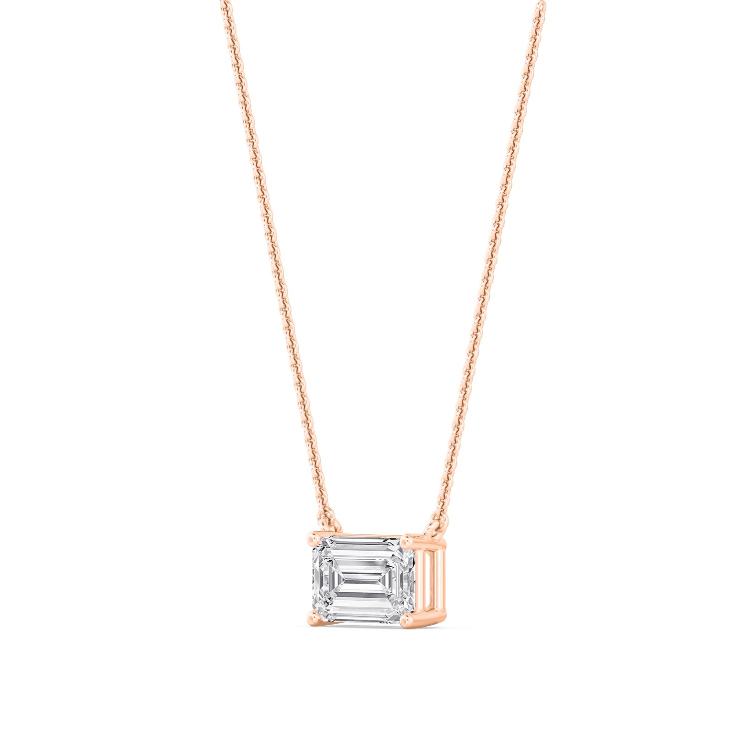 Peat, East-West Emerald-Cut Solitaire Pendant in Rose Gold, emerald, plain background, alternate view