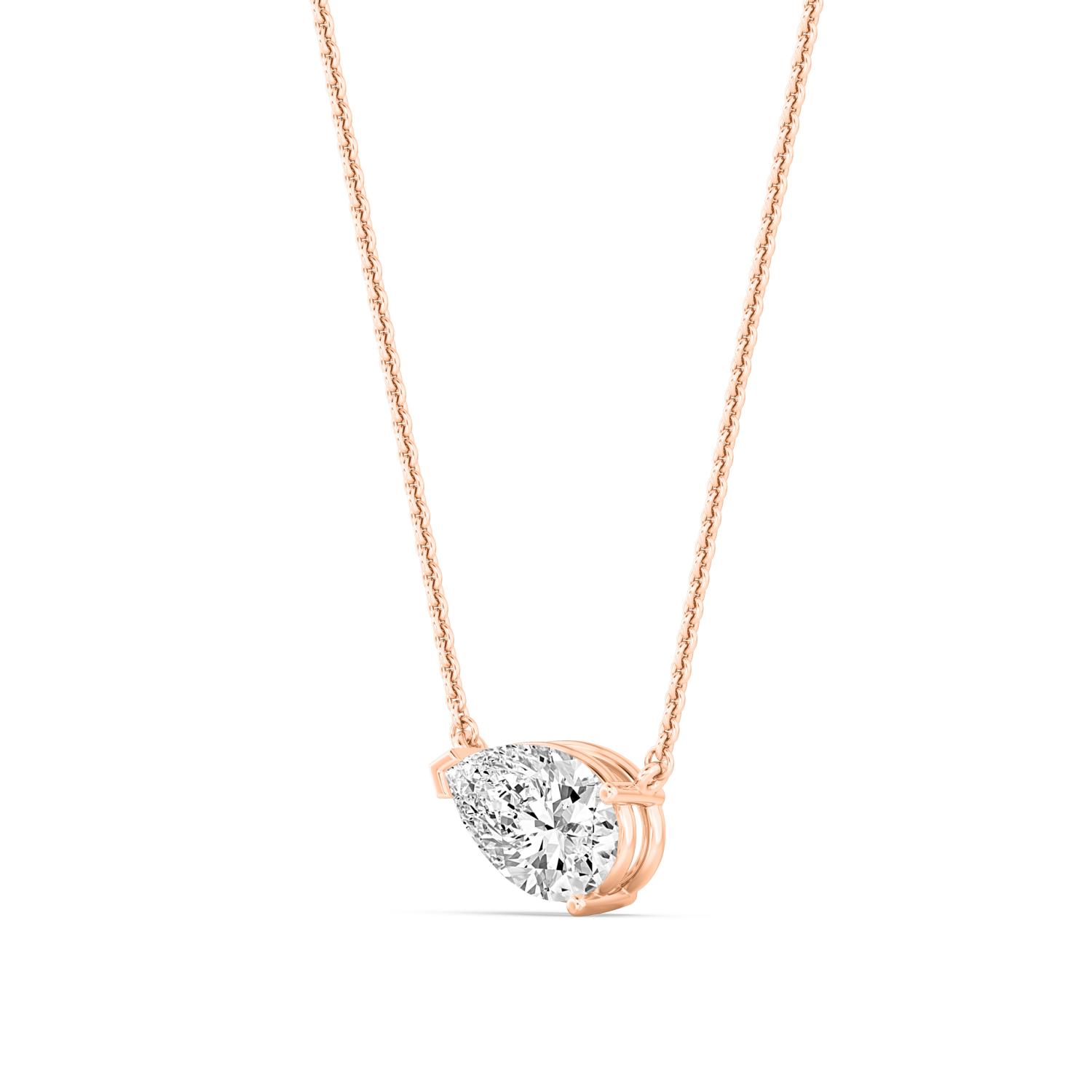 Pippin, East-West Pear Solitaire Pendant in Rose Gold, pear, plain background, alternate view