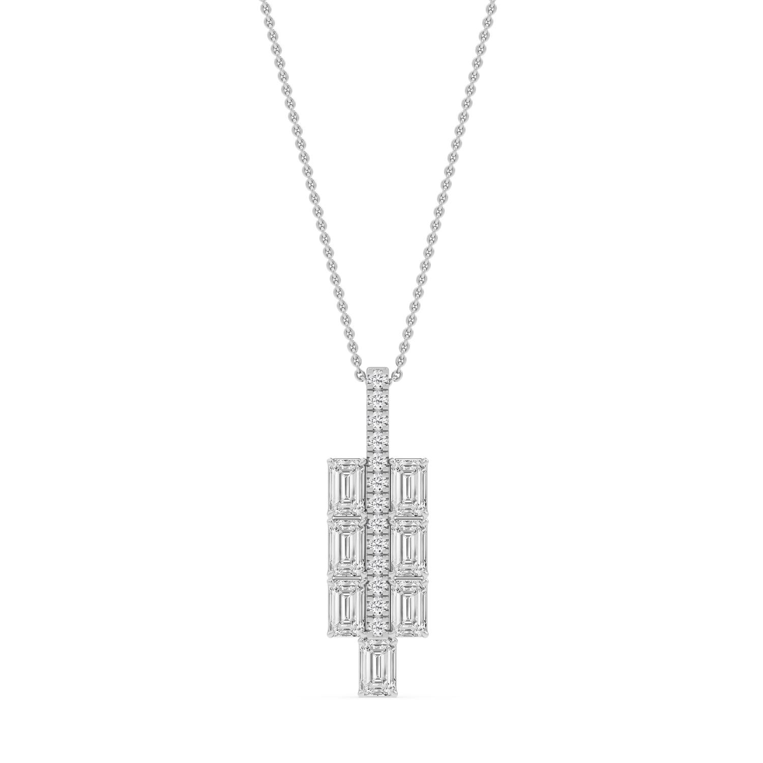 Sabine, Emerald Cut Cluster Bar Pendant in White Gold, emerald, plain background