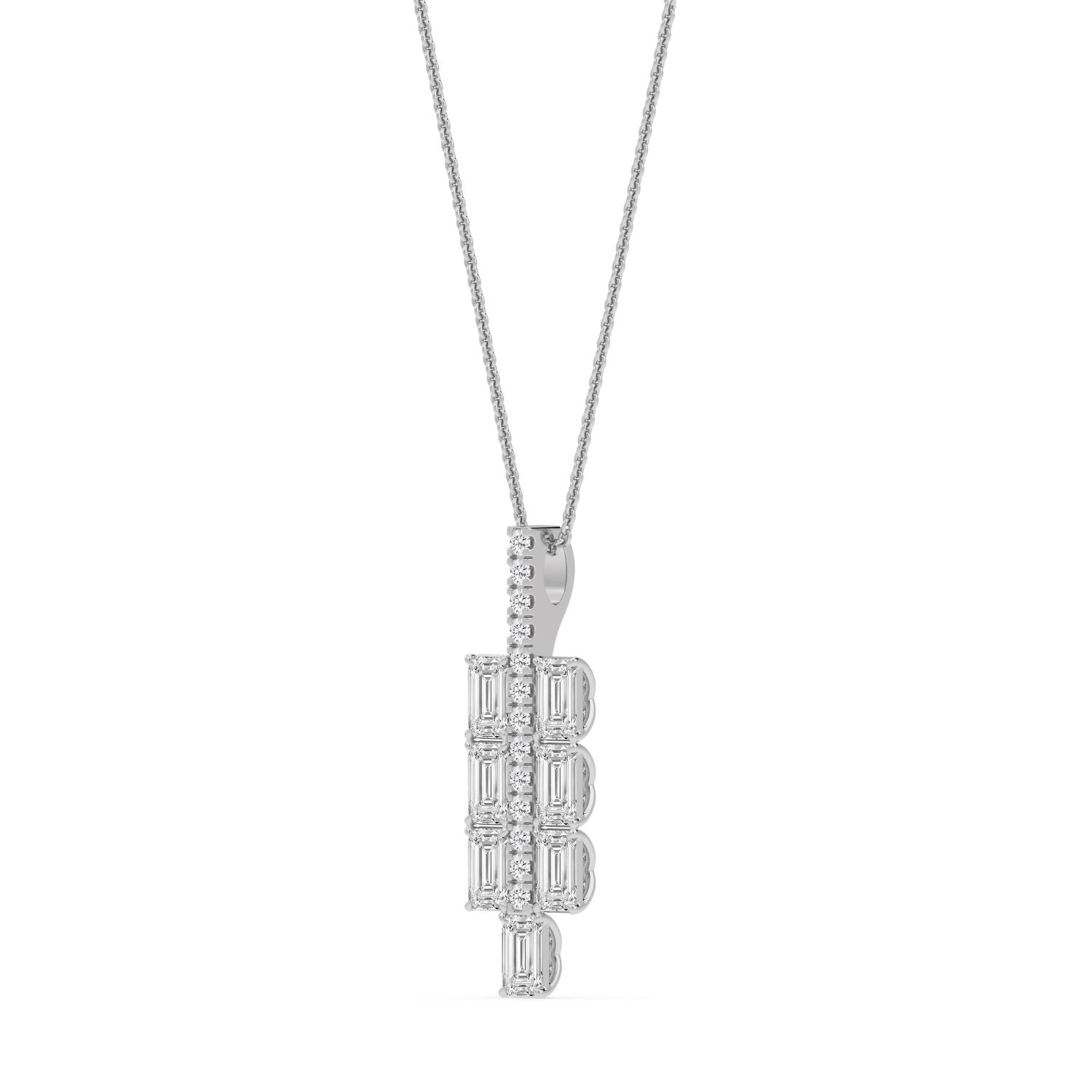 Sabine, Emerald Cut Cluster Bar Pendant in White Gold, emerald, plain background, alternate view