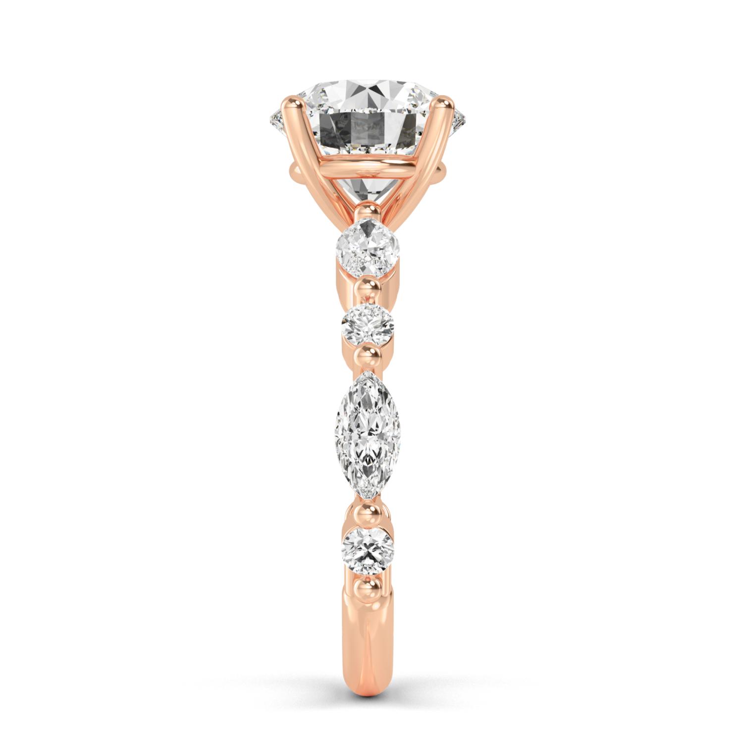 Fern, Round Ring with Marquise Shoulders in Rose Gold, round, plain background, alternate view