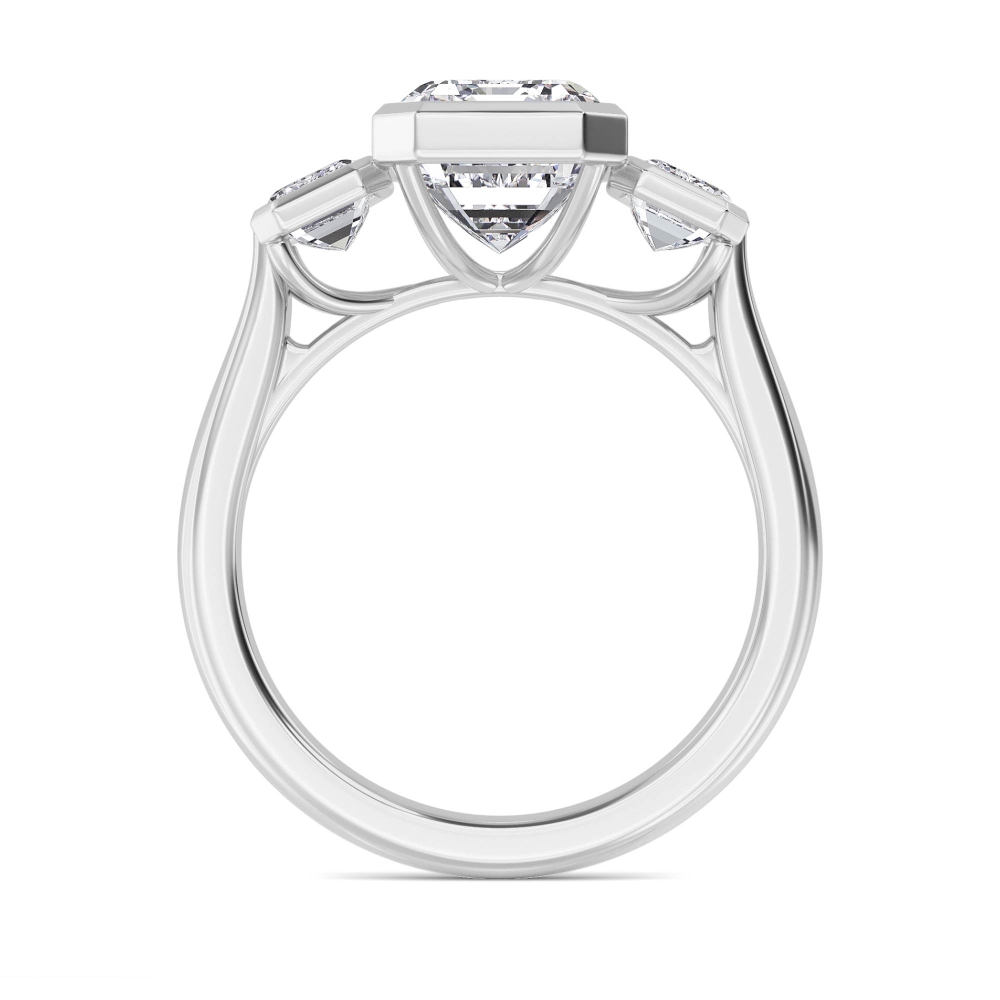 Lantern, Bezel Three-Stone Ring in White Gold, emerald, plain background, alternate view