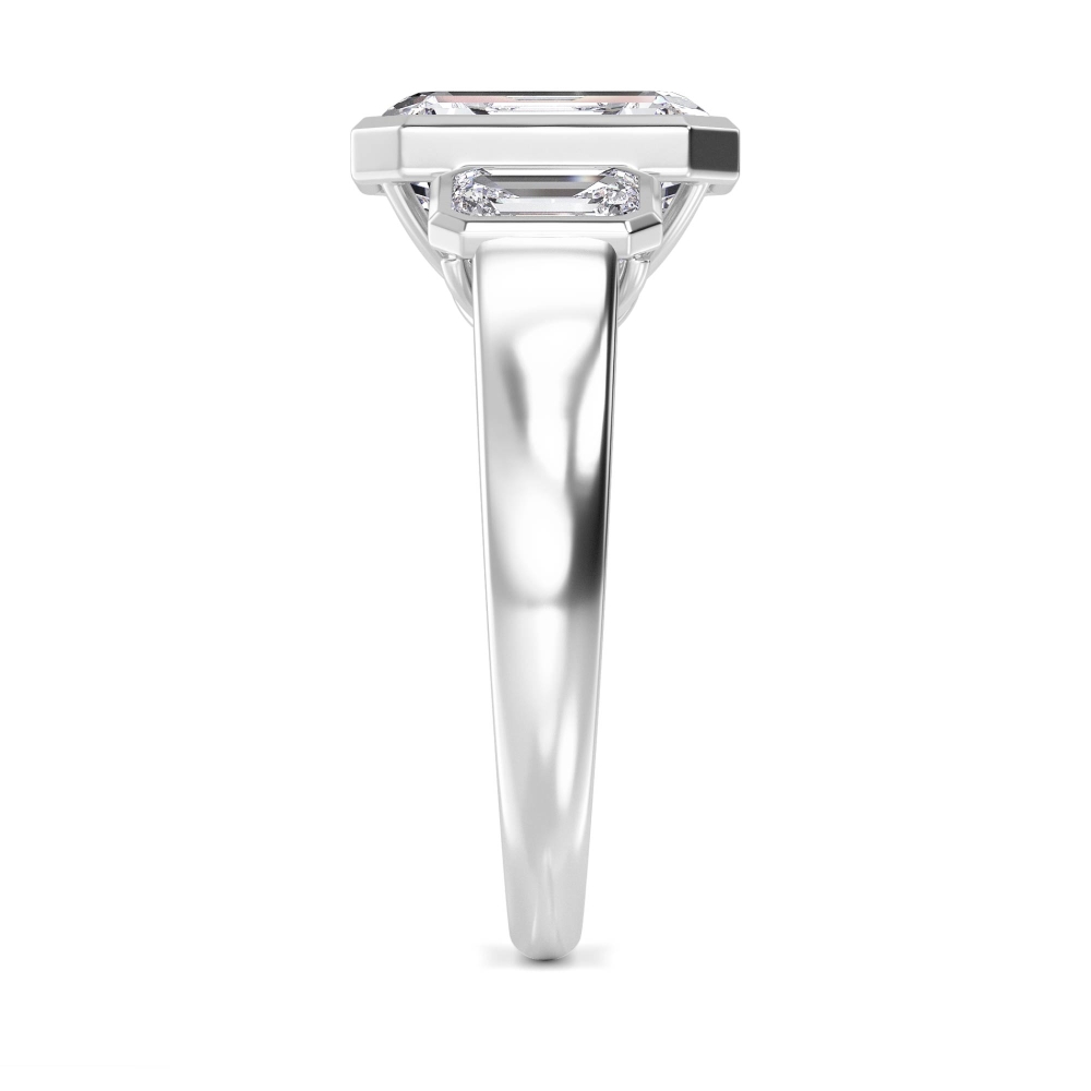 Lantern, Bezel Three-Stone Ring in White Gold, emerald, plain background, alternate view