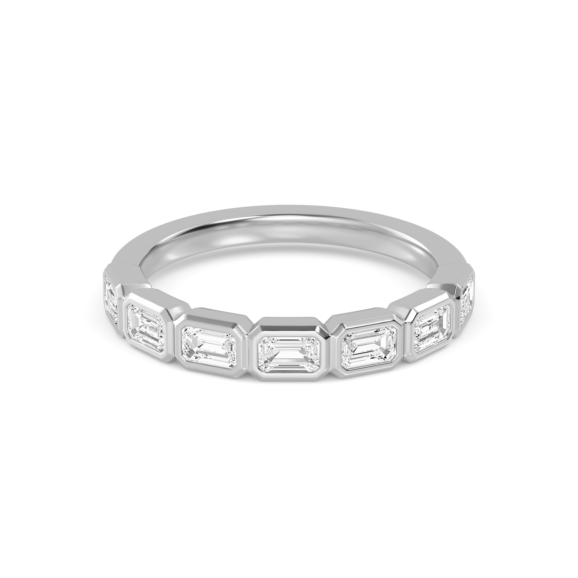Pebble Emerald, Emerald-Cut Bezel Band in White Gold, emerald, studio photo