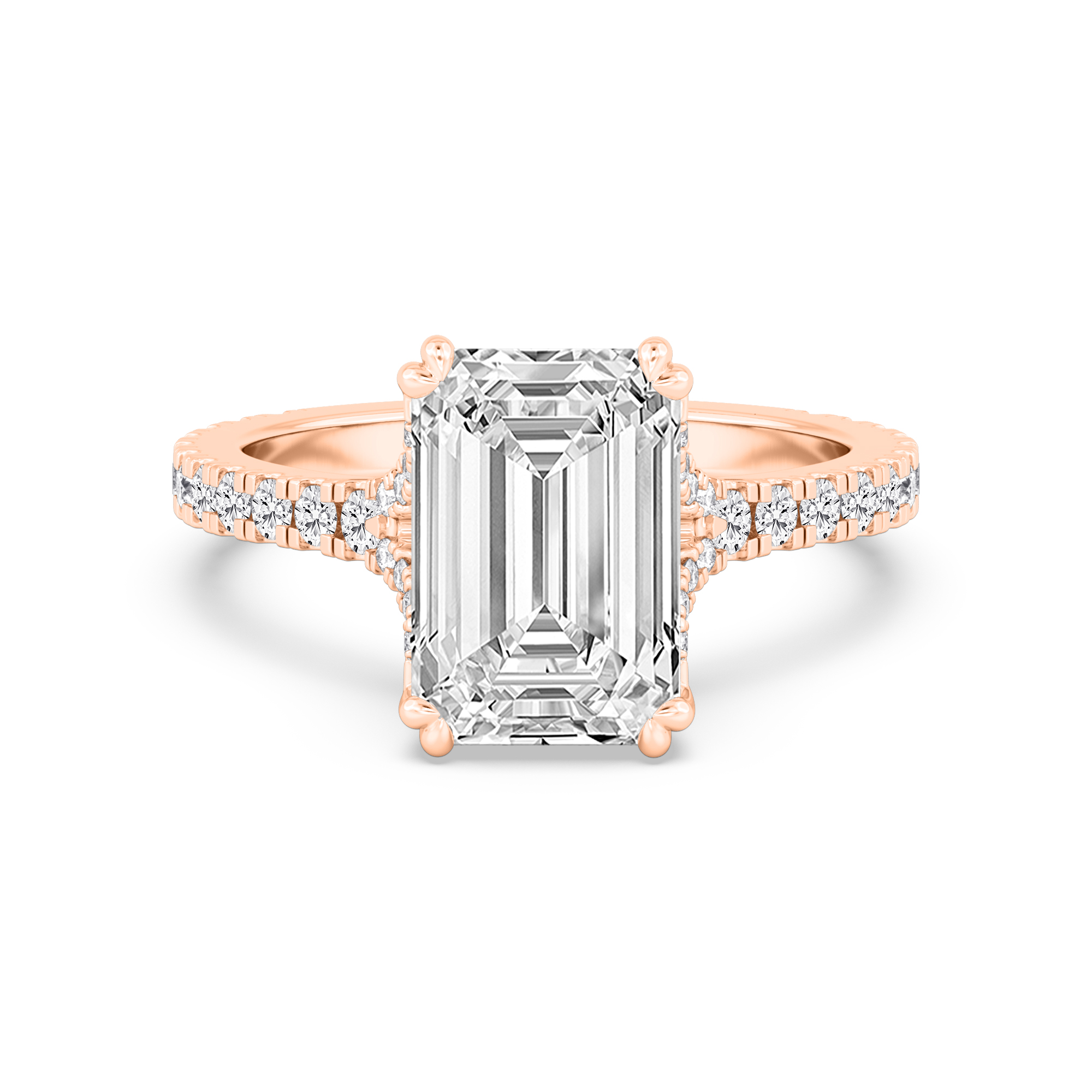 Fate Emerald, Emerald-Cut Cross-Band Solitaire in Rose Gold, emerald, studio photo