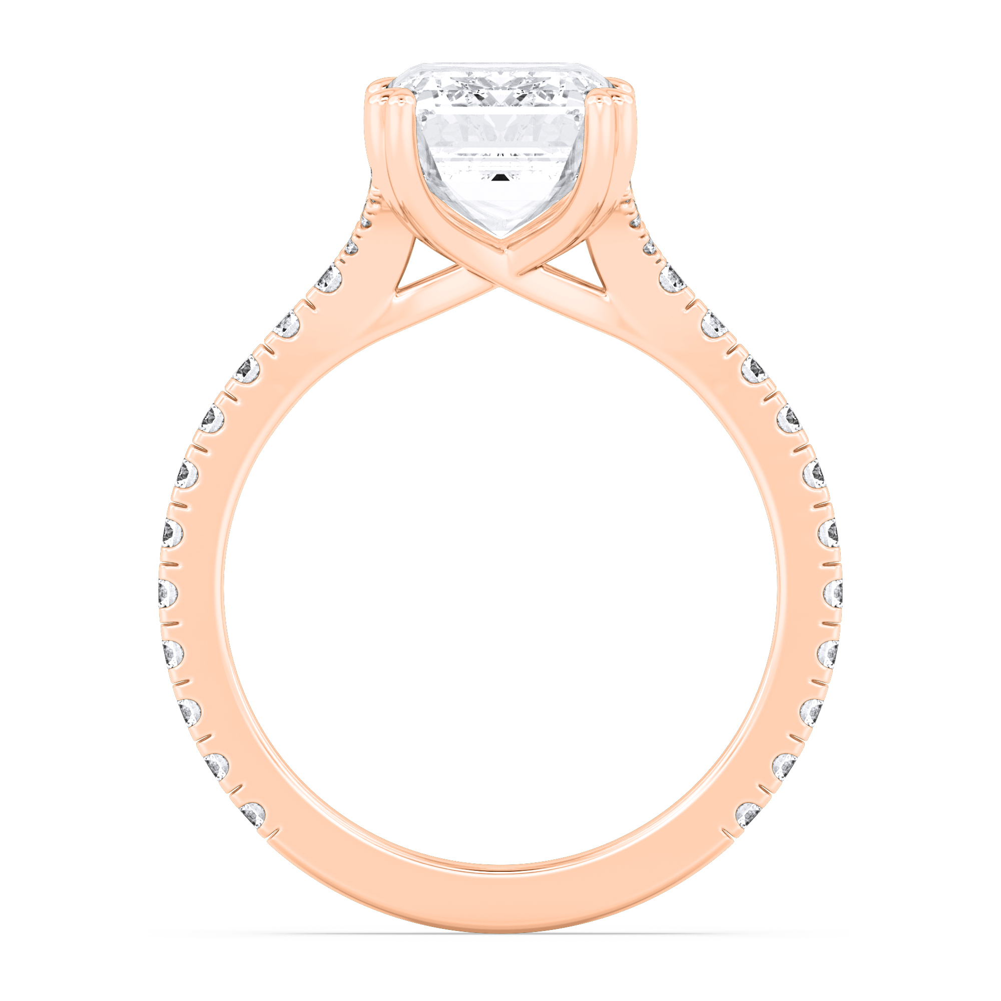 Fate Emerald, Emerald-Cut Cross-Band Solitaire in Rose Gold, emerald, studio photo, alternate view
