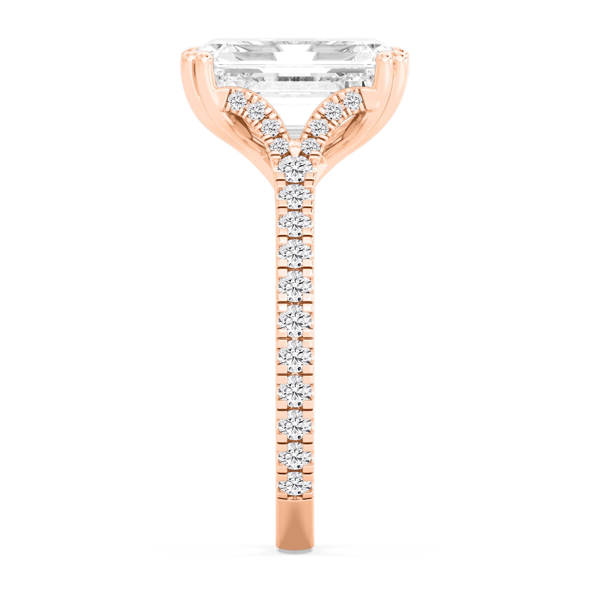 Fate Emerald, Emerald-Cut Cross-Band Solitaire in Rose Gold, emerald, studio photo, alternate view