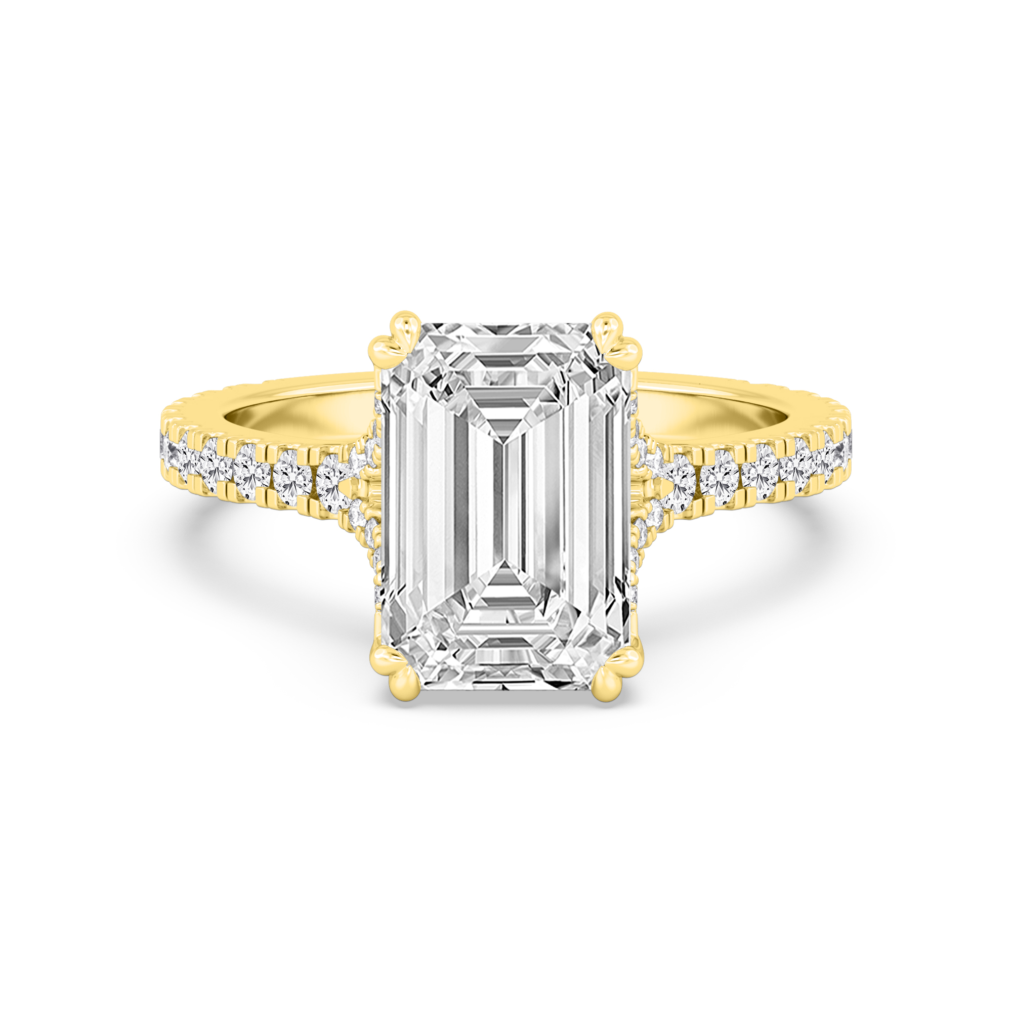 Gannet, Emerald-Cut Cross-Band Solitaire in Yellow Gold, emerald, plain background