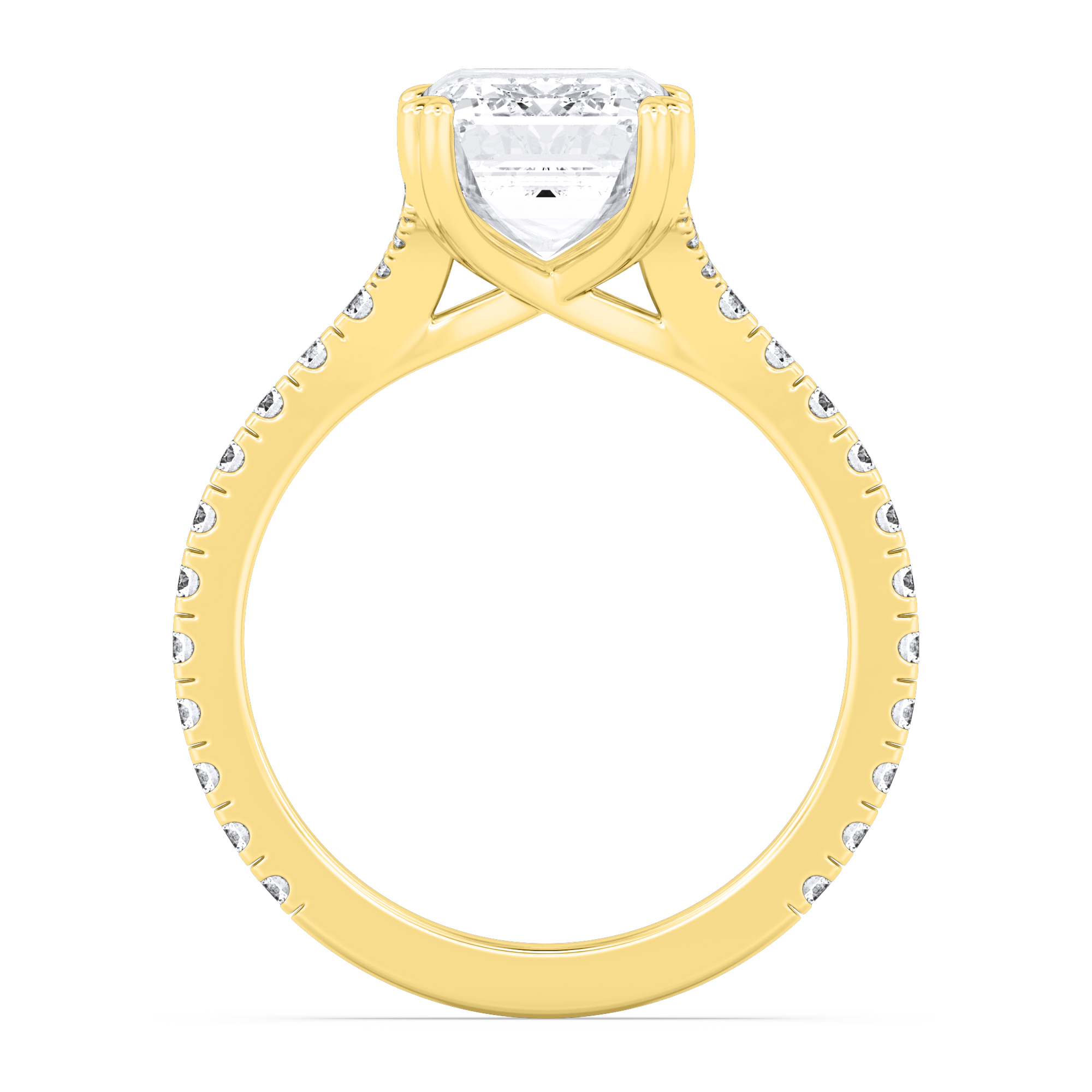 Gannet, Emerald-Cut Cross-Band Solitaire in Yellow Gold, emerald, plain background, alternate view