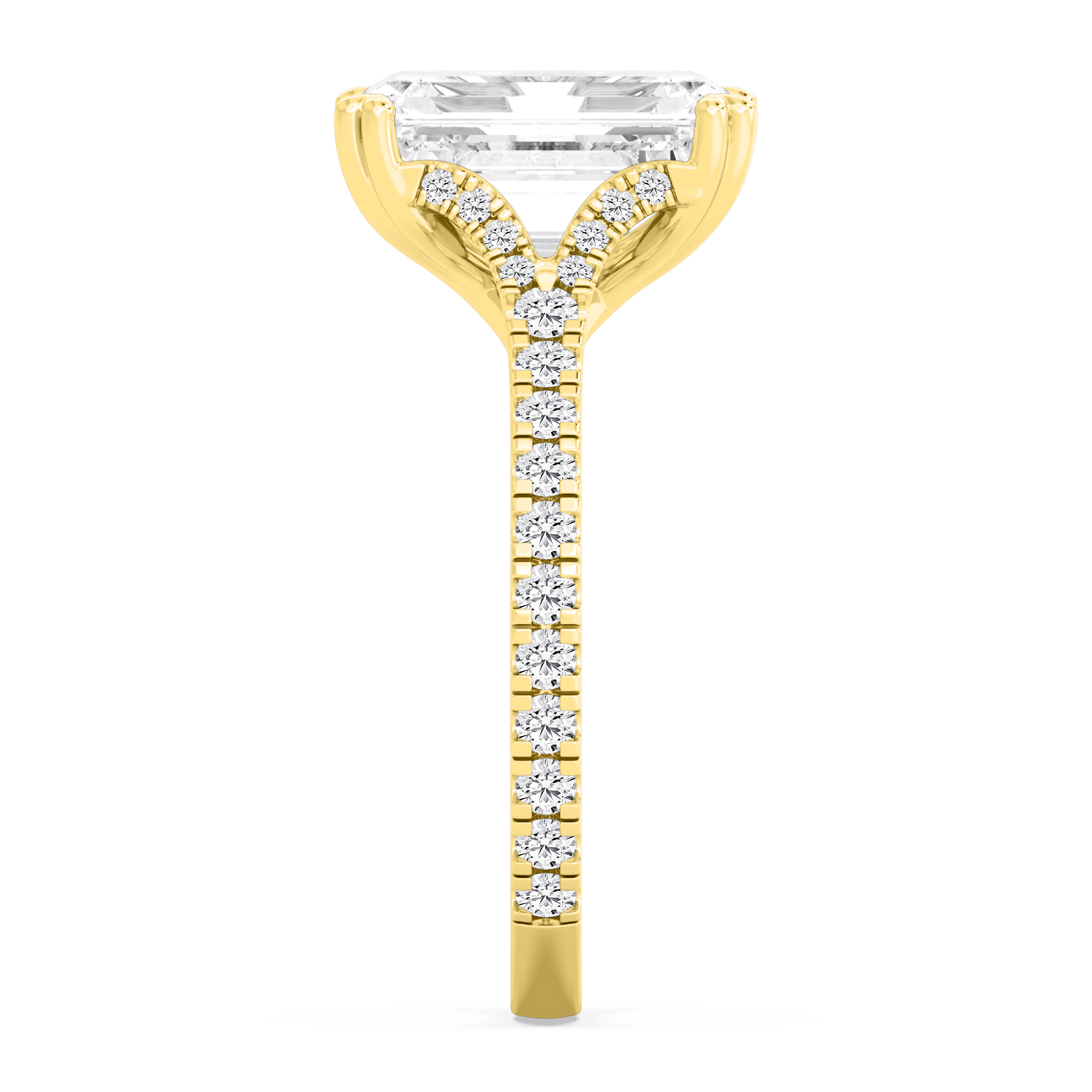 Gannet, Emerald-Cut Cross-Band Solitaire in Yellow Gold, emerald, plain background, alternate view