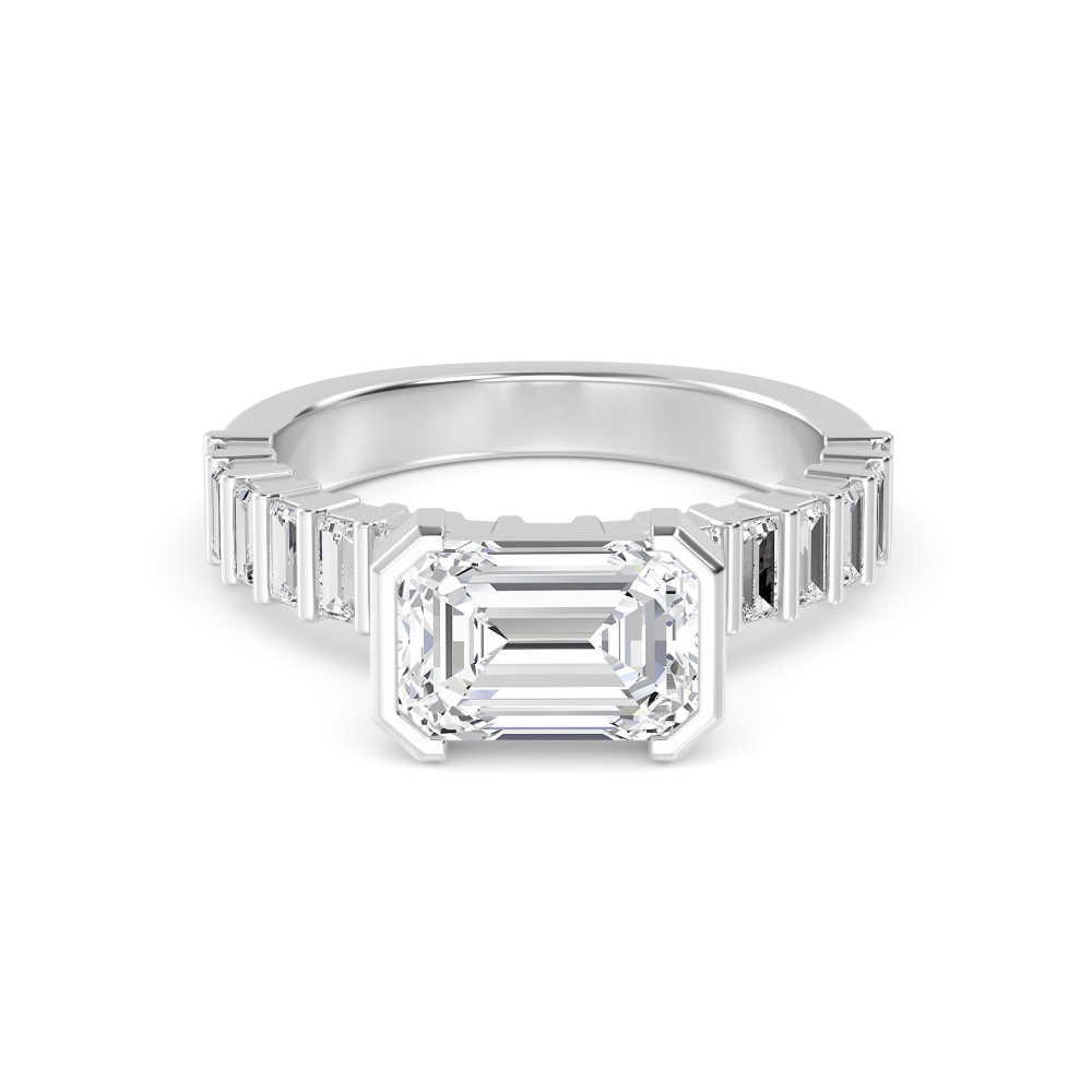 Stanza, East-West Emerald Cut with Baguette Band in White Gold, emerald, plain background