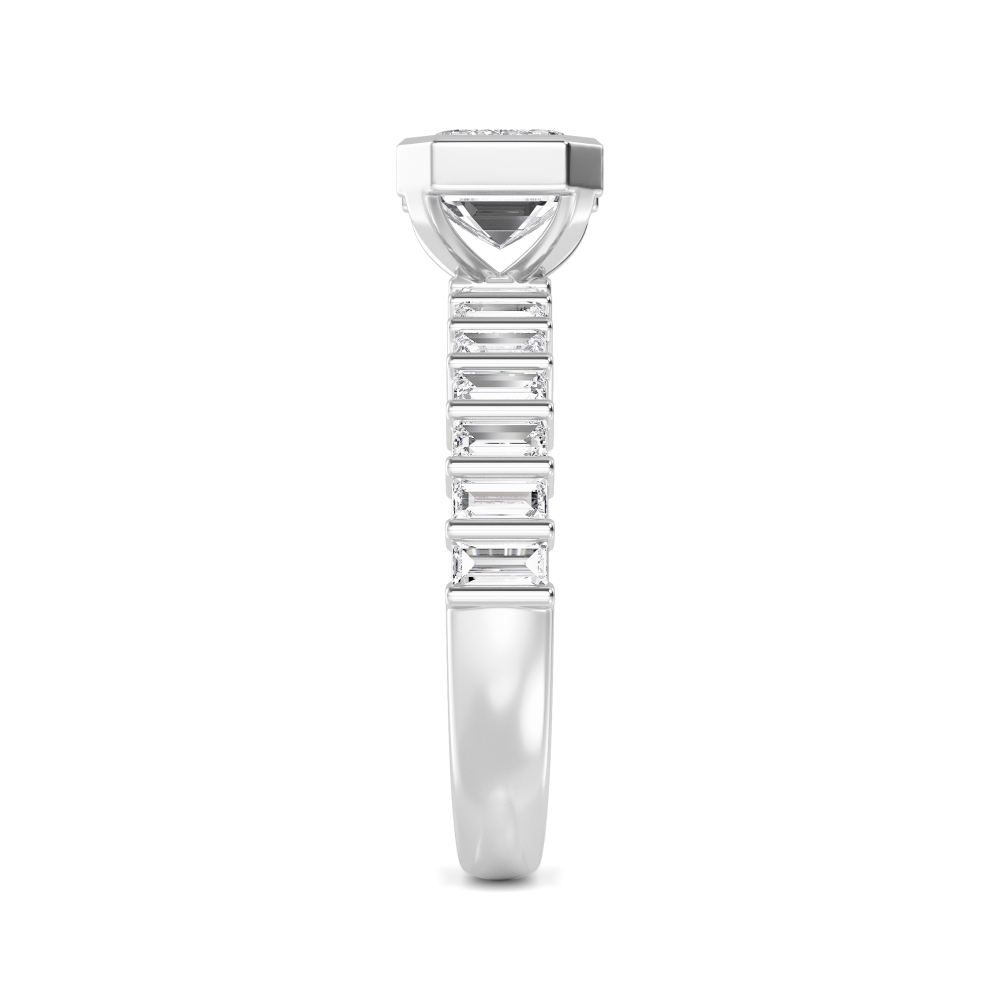 Stanza, East-West Emerald Cut with Baguette Band in White Gold, emerald, plain background, alternate view