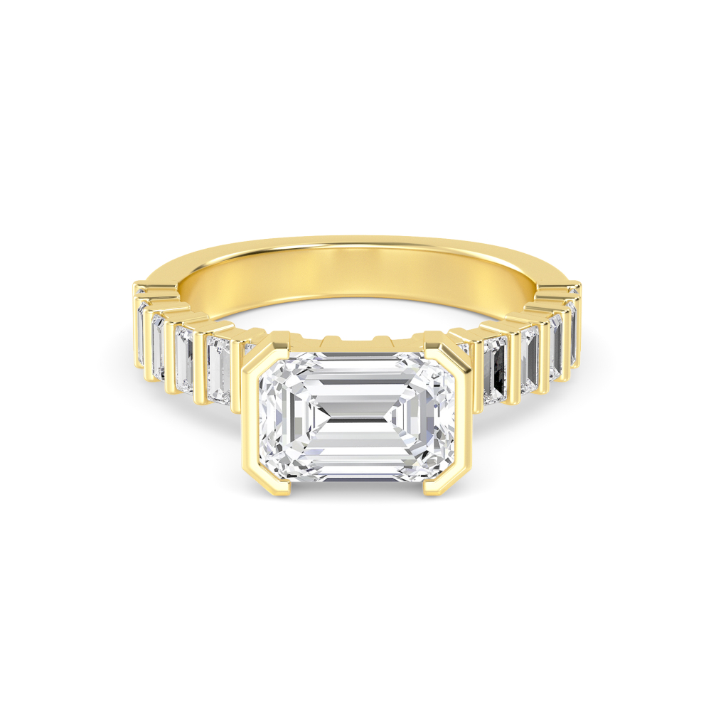 Stanza, East-West Emerald Cut with Baguette Band in Yellow Gold, emerald, plain background