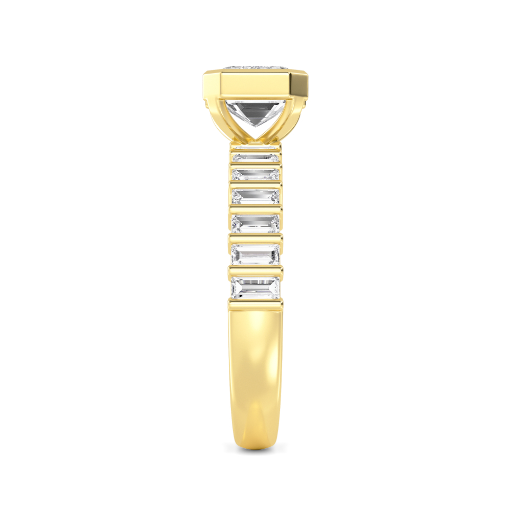 Stanza, East-West Emerald Cut with Baguette Band in Yellow Gold, emerald, plain background, alternate view