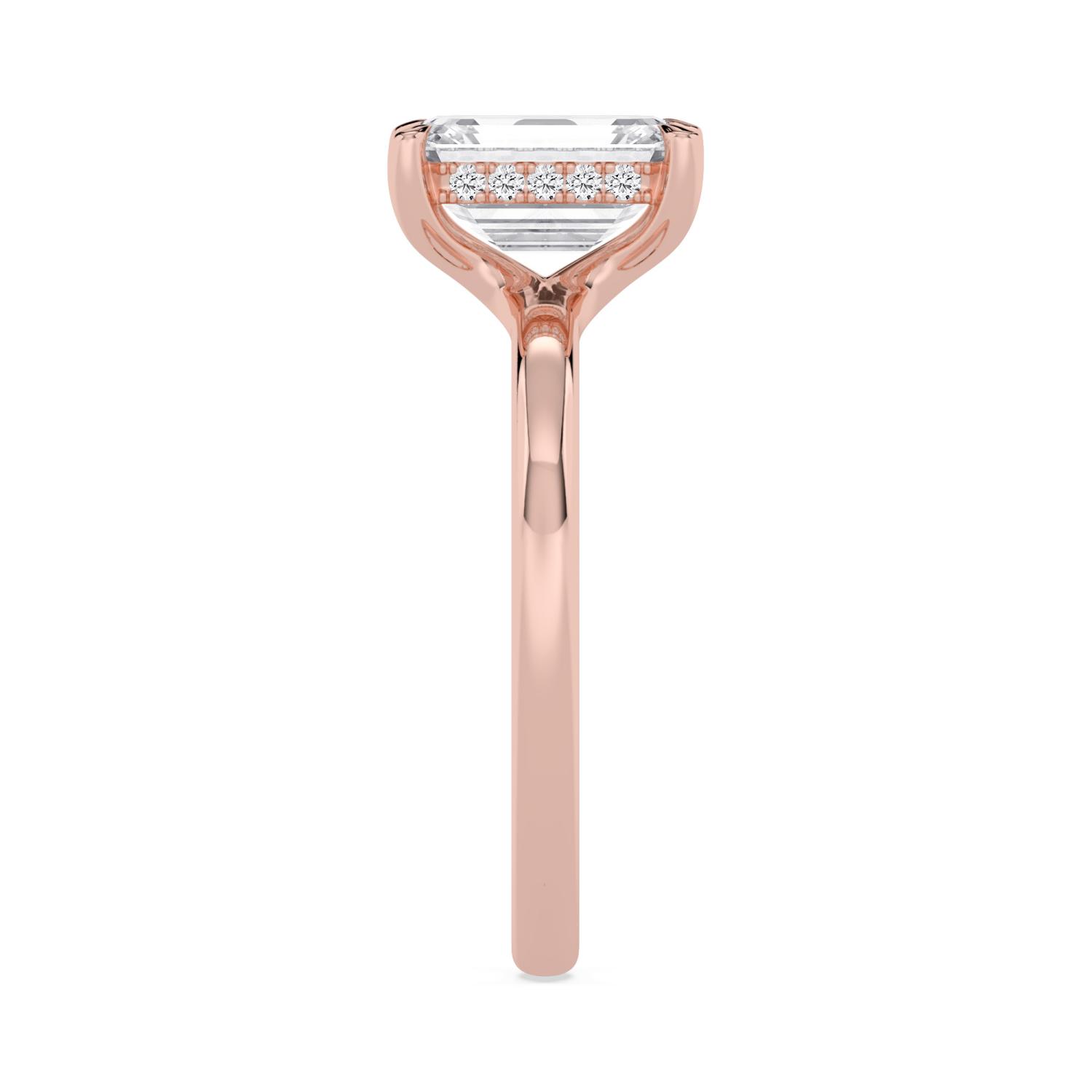Clay, Four Prong Emerald Solitaire, Hidden Halo in Rose Gold, emerald, plain background, alternate view