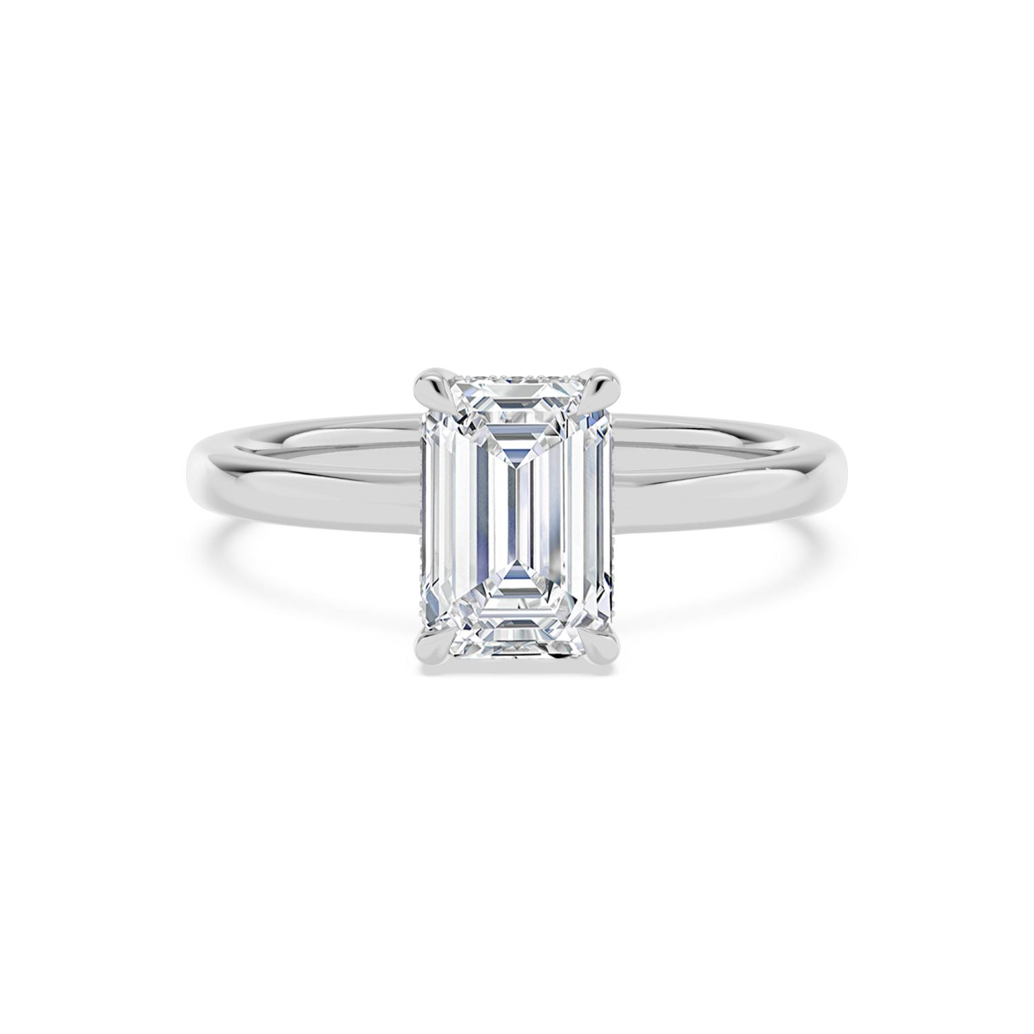 Clay, Four Prong Emerald Solitaire, Hidden Halo, Slim Band in White Gold, emerald, plain background