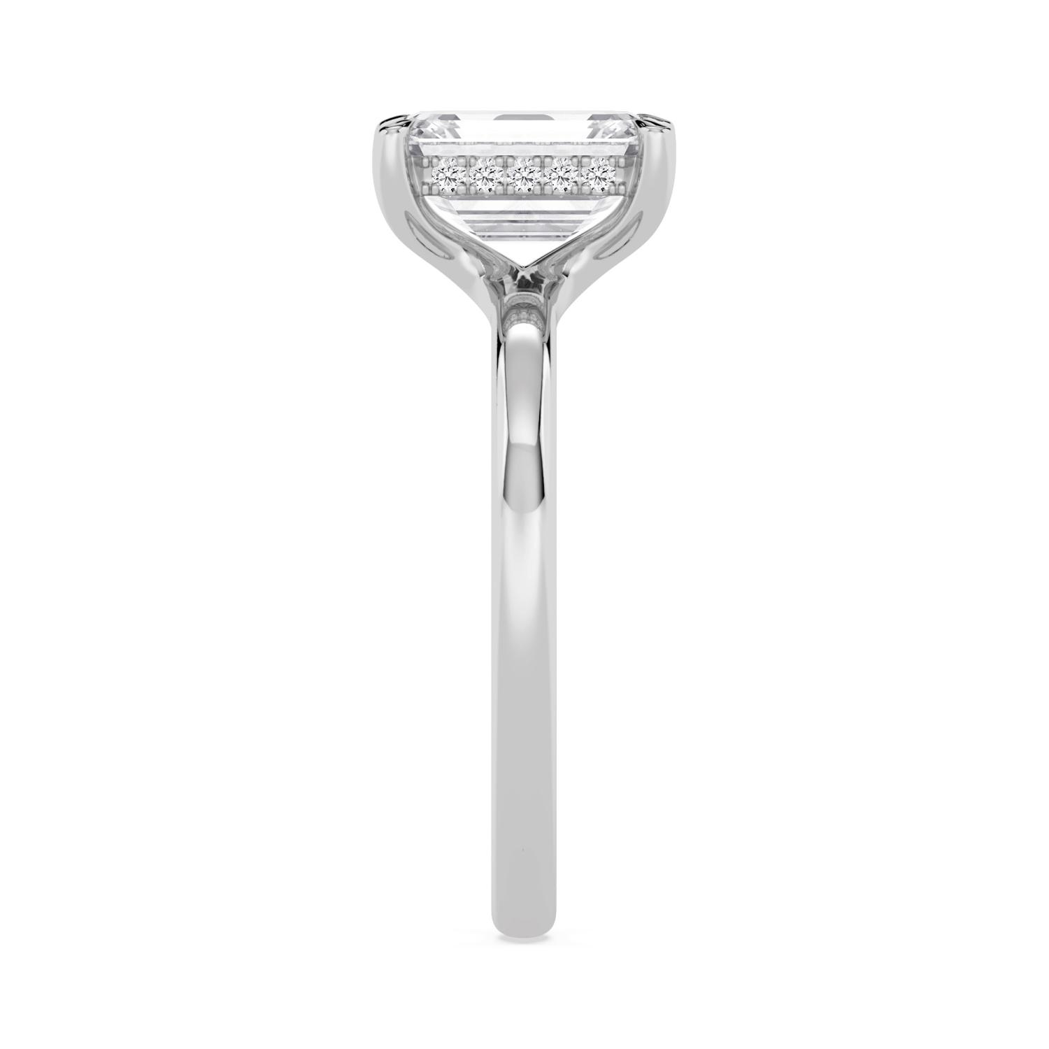 Clay, Four Prong Emerald Solitaire, Hidden Halo, Slim Band in White Gold, emerald, plain background, alternate view