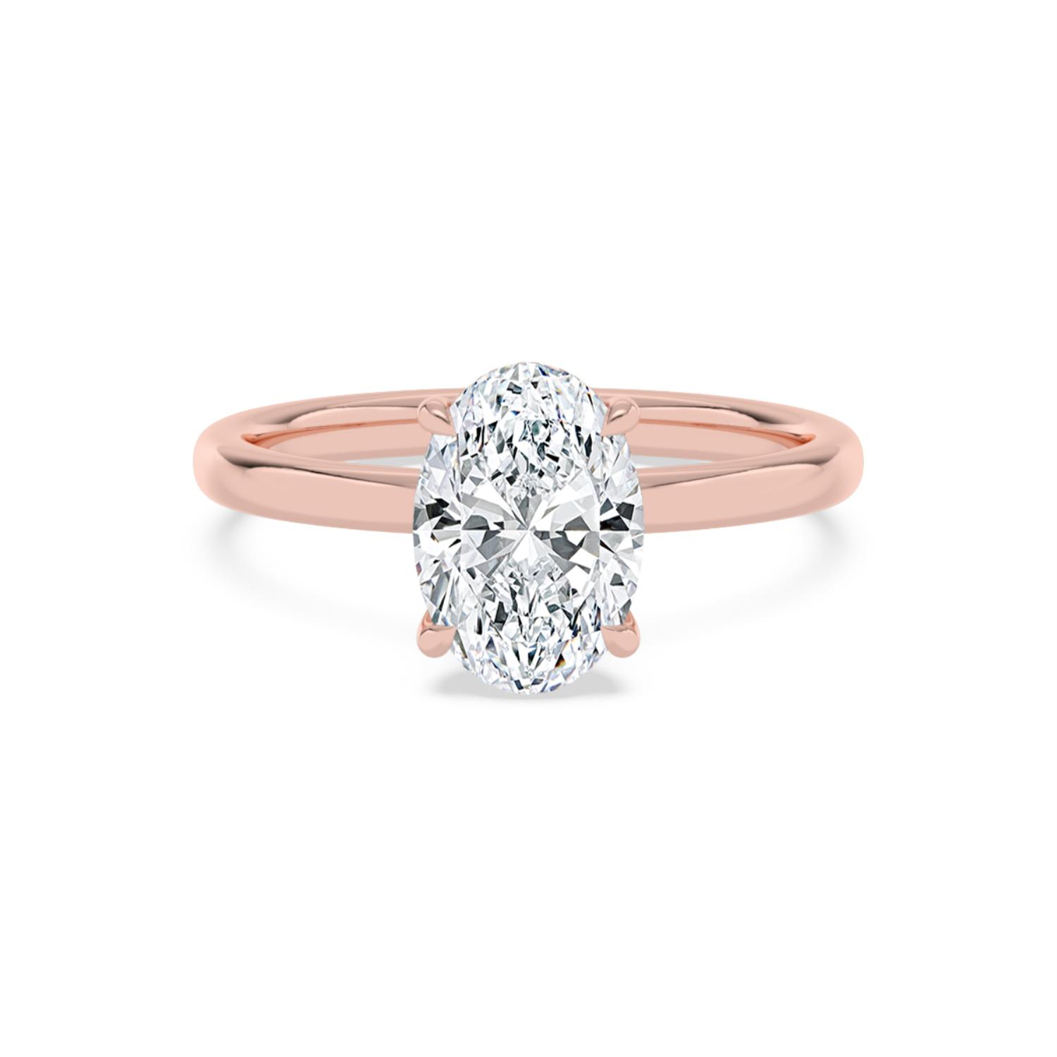 Coral, Four Prong Oval Solitaire, Hidden Halo in Rose Gold, oval, plain background