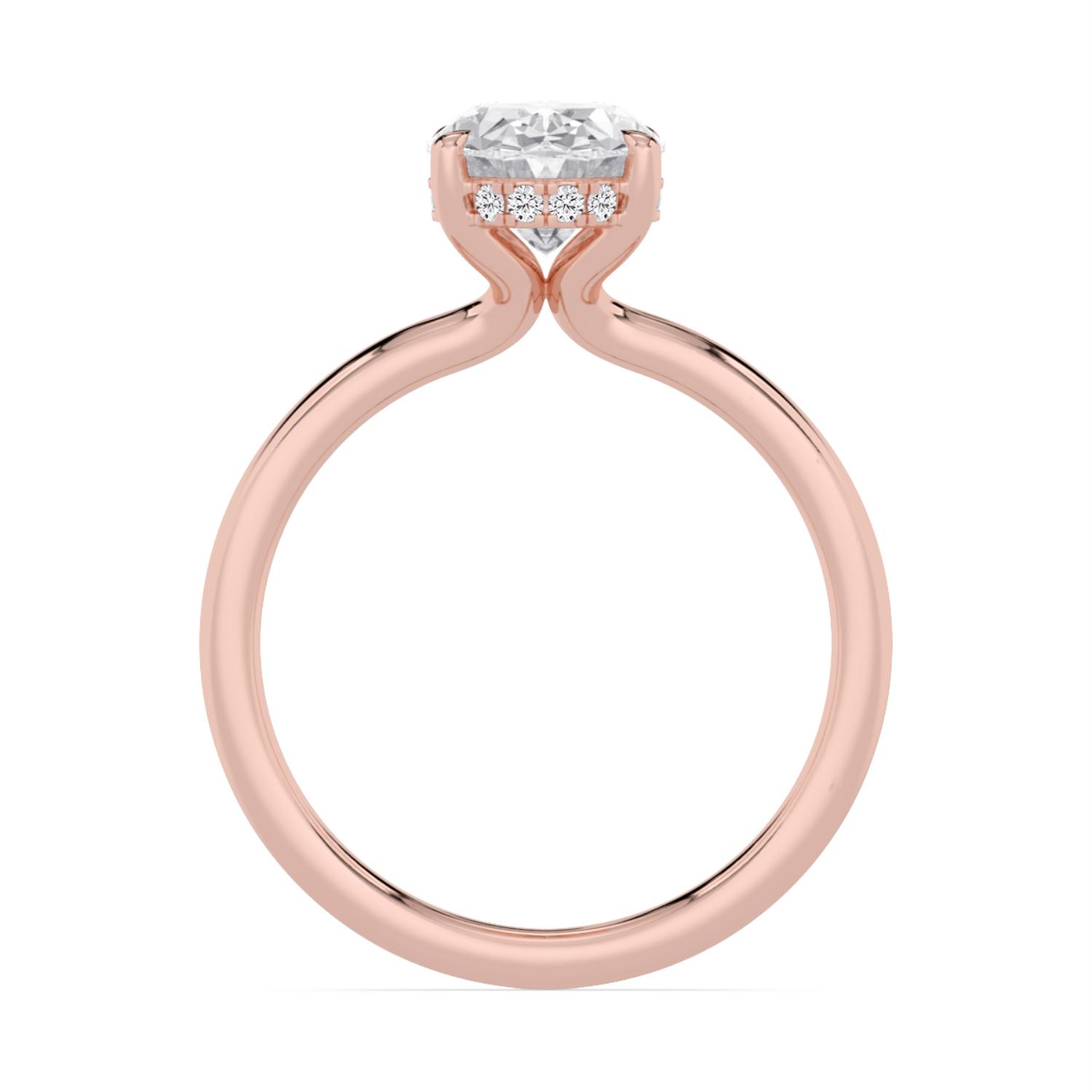 Coral, Four Prong Oval Solitaire, Hidden Halo in Rose Gold, oval, plain background, alternate view