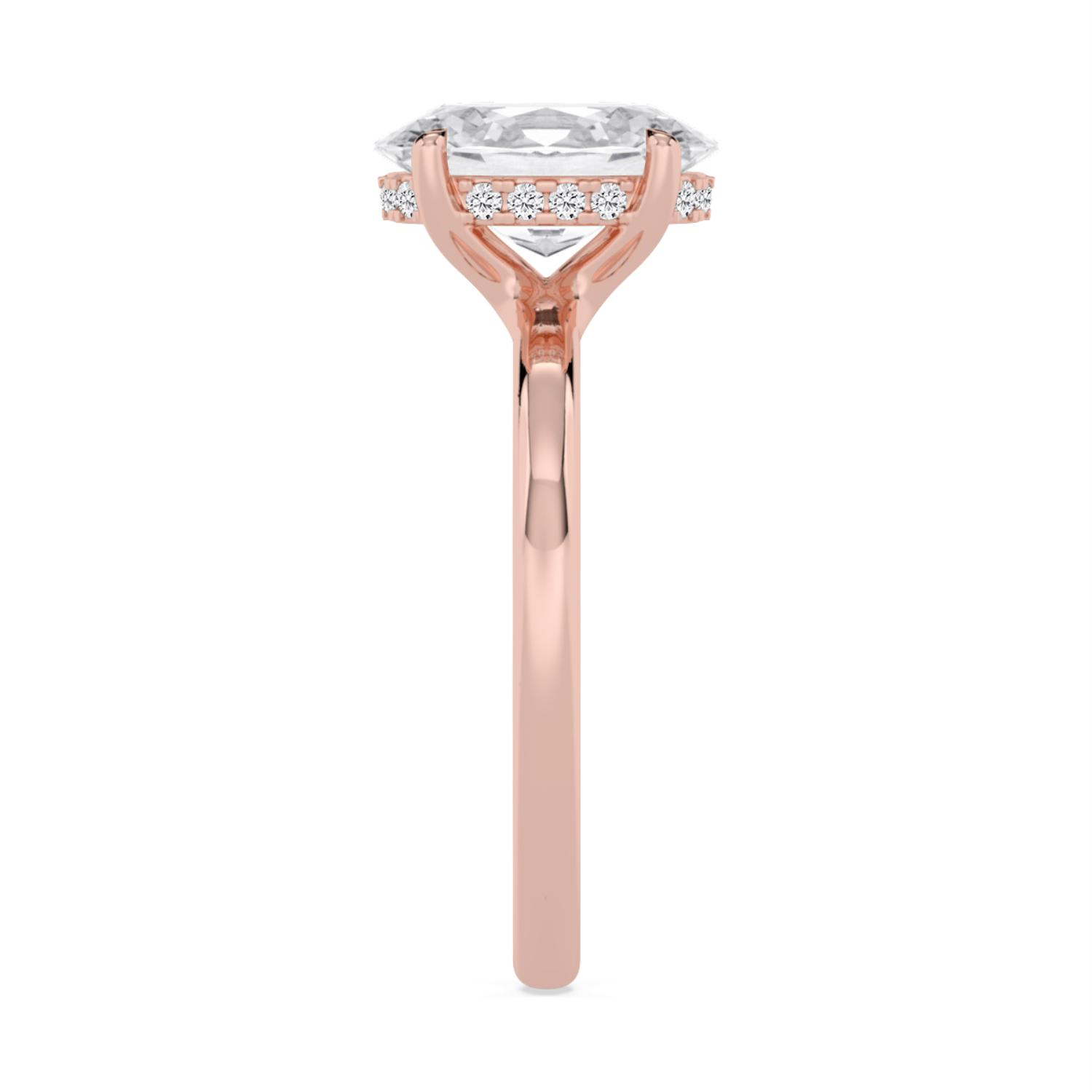 Coral, Four Prong Oval Solitaire, Hidden Halo in Rose Gold, oval, plain background, alternate view