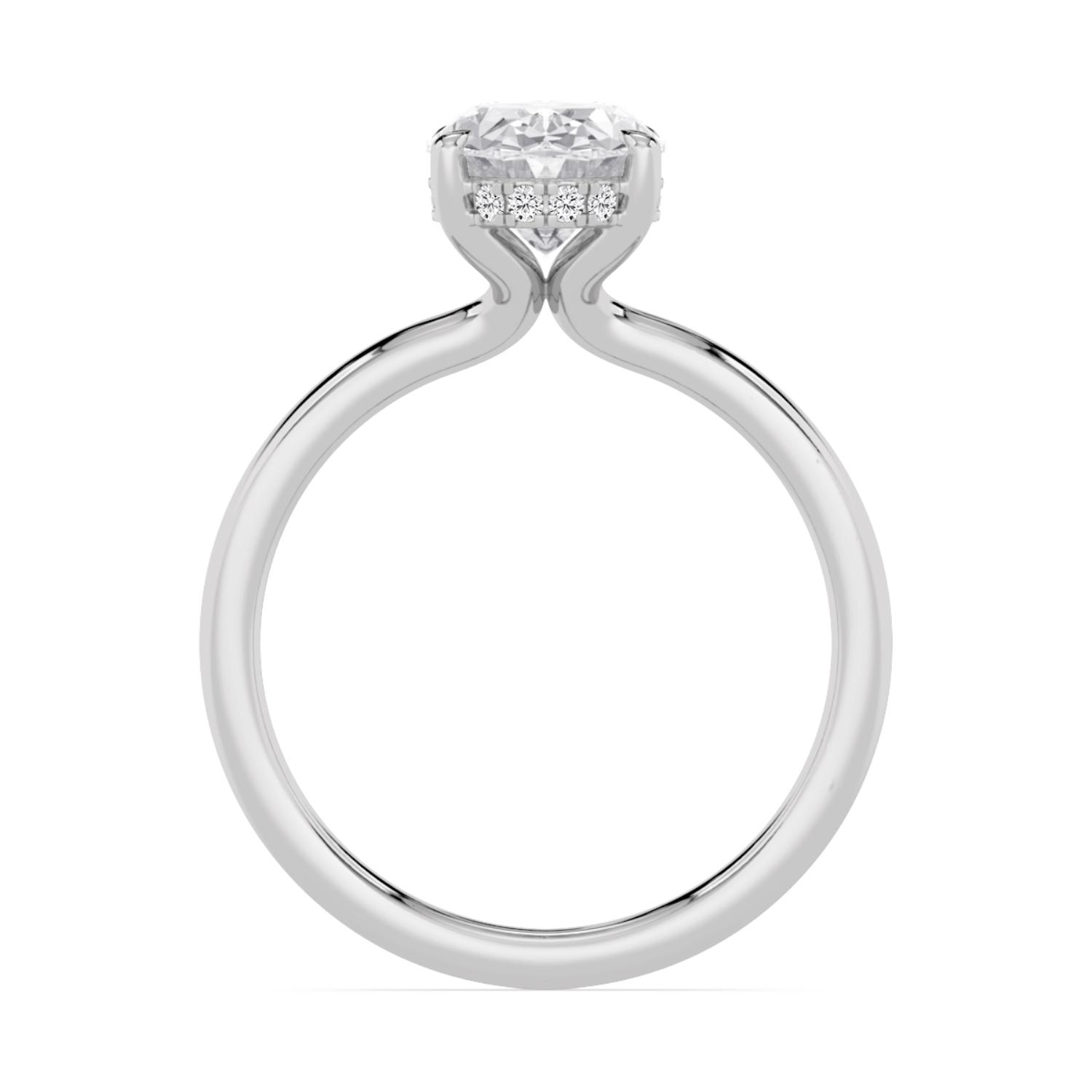 Coral, Four Prong Oval Solitaire, Hidden Halo, Slim Band in White Gold, oval, plain background, alternate view