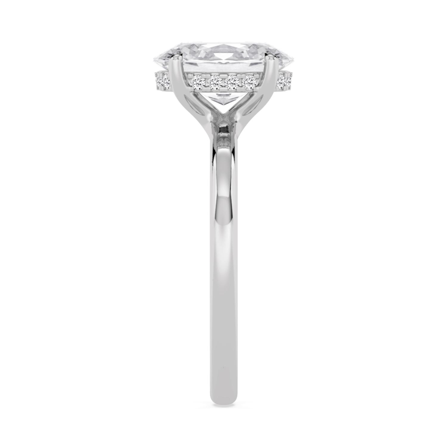 Coral, Four Prong Oval Solitaire, Hidden Halo, Slim Band in White Gold, oval, plain background, alternate view