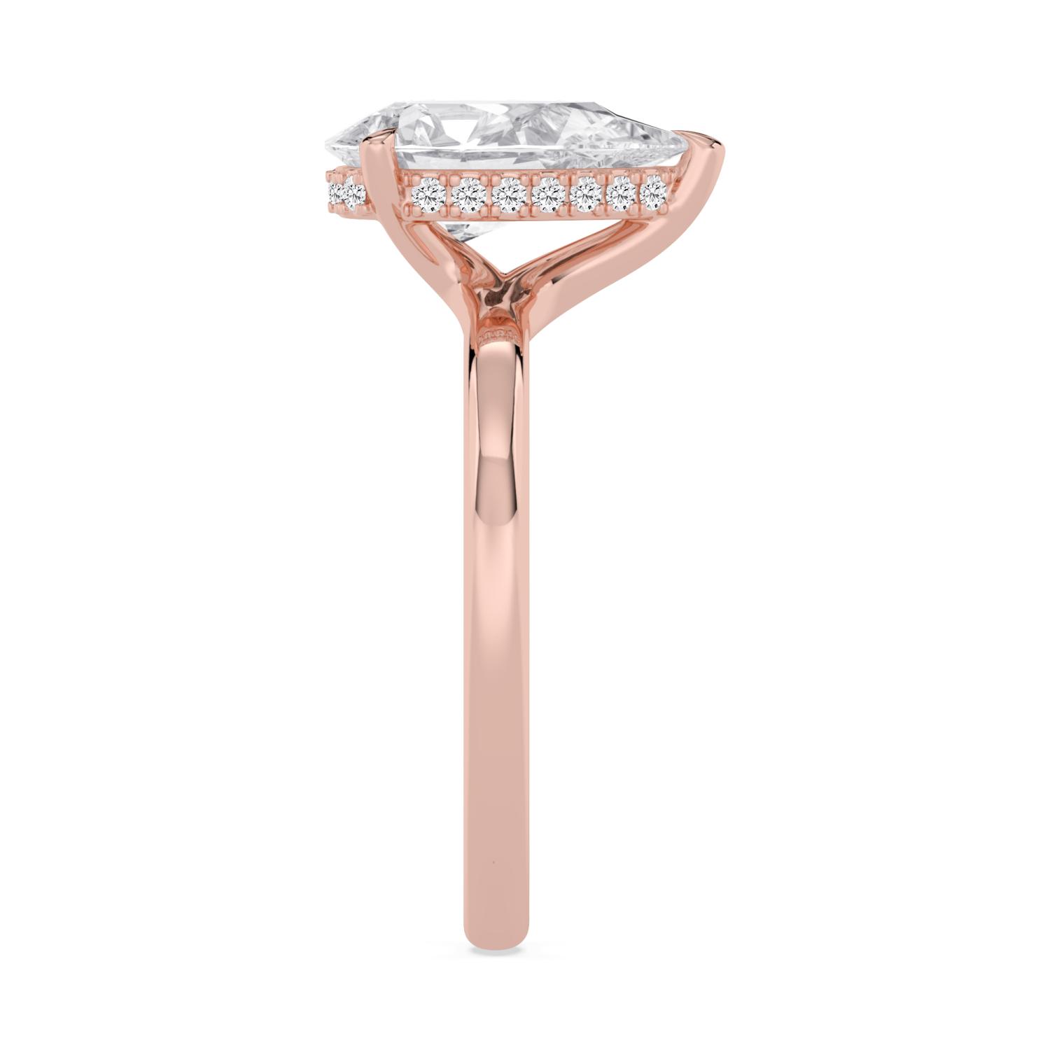 Dell, Five Prong Pear Solitaire, Hidden Halo in Rose Gold, pear, plain background, alternate view