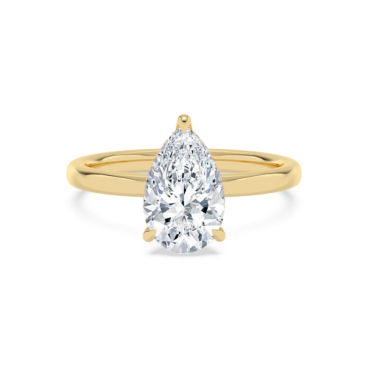 Dell, Five Prong Pear Solitaire, Hidden Halo, Slim Band in Yellow Gold, pear, plain background