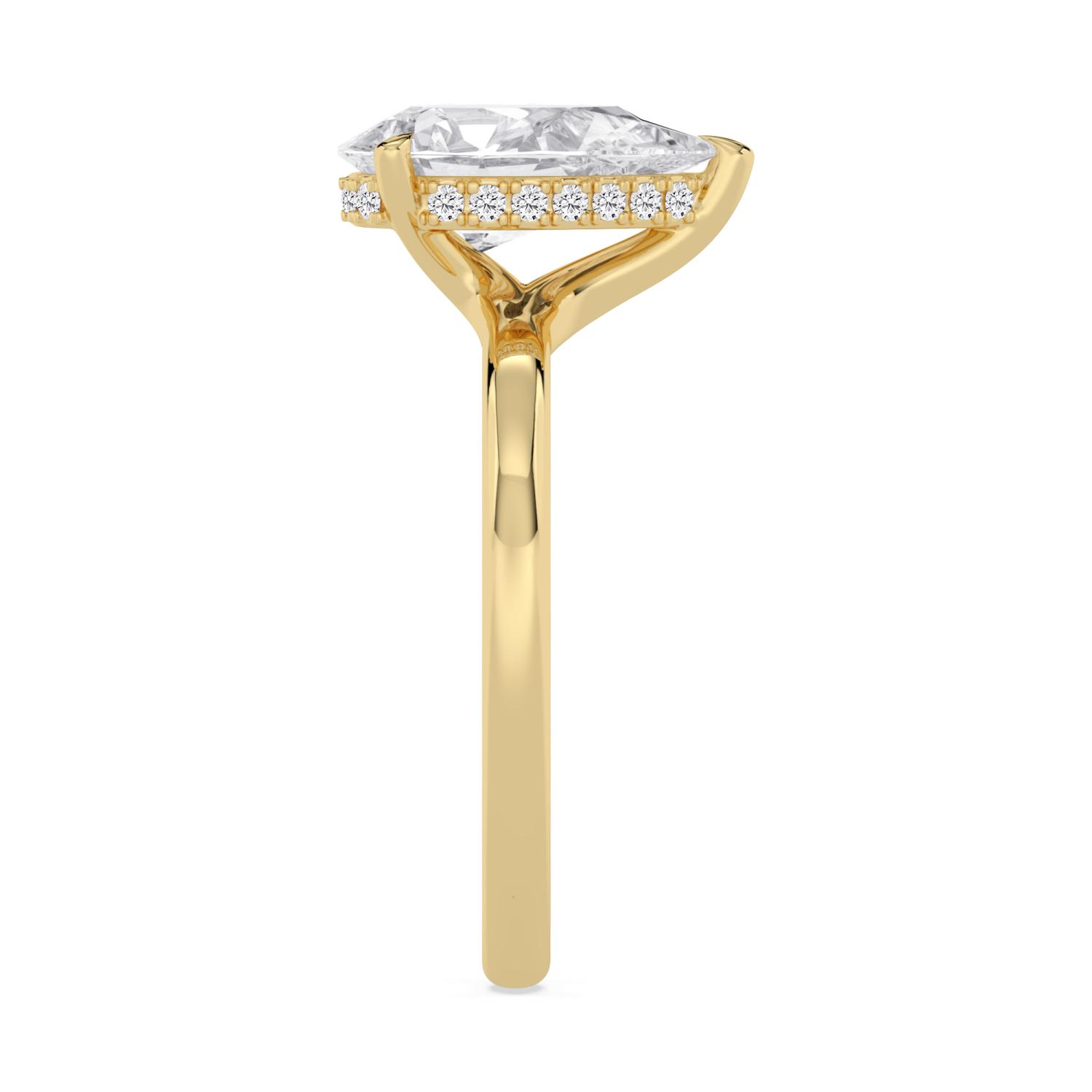 Dell, Five Prong Pear Solitaire, Hidden Halo, Slim Band in Yellow Gold, pear, plain background, alternate view