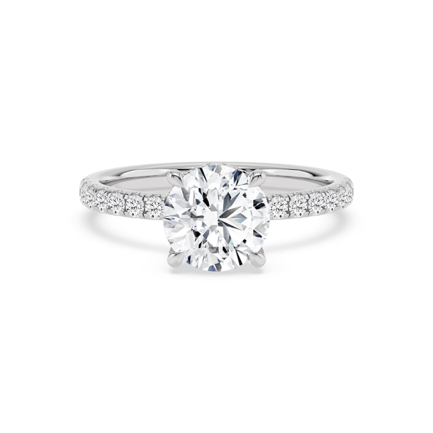 Cera, Four Prong Round Solitaire, Pavé Band, Hidden Halo in White Gold, round, plain background