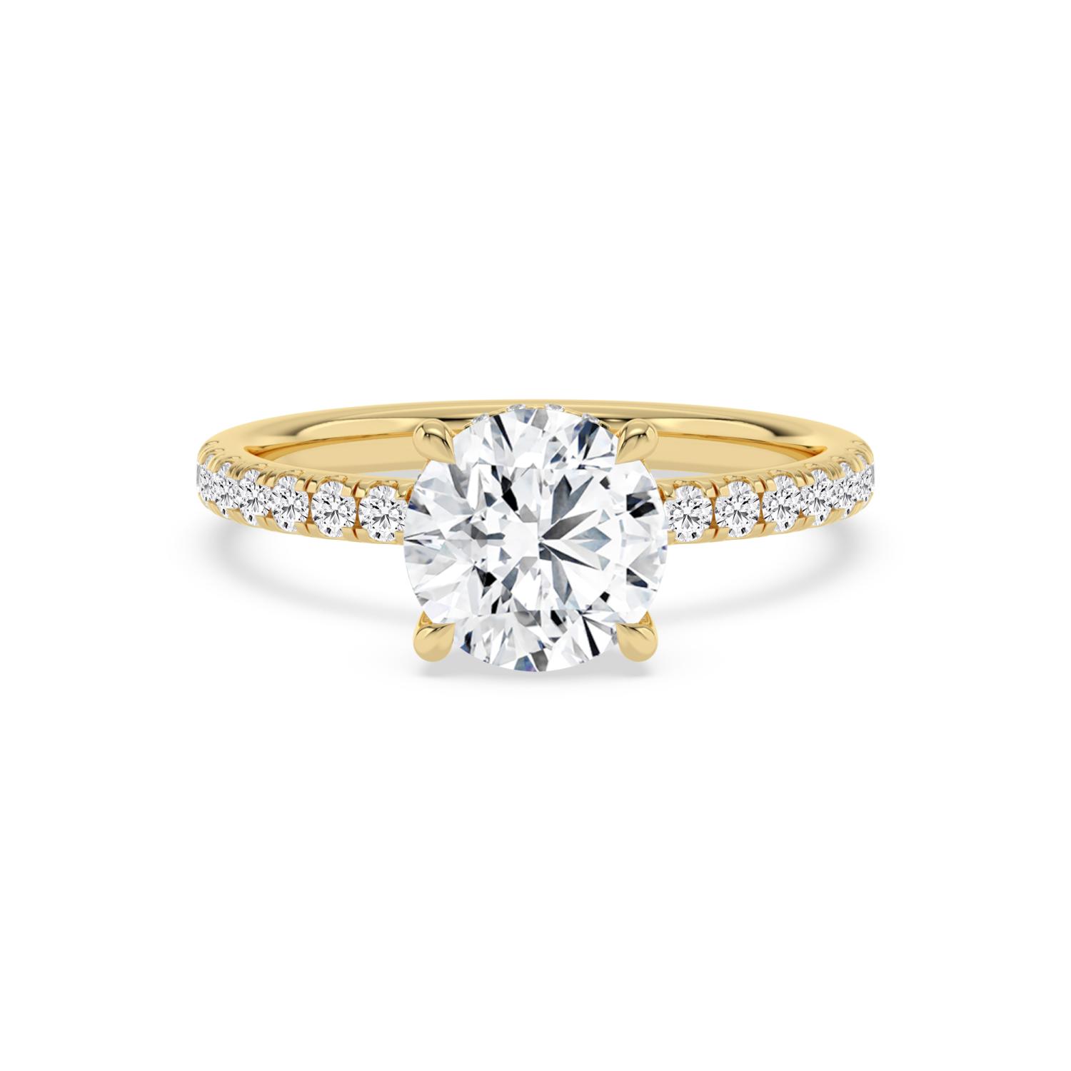 Cera, Four Prong Round Solitaire, Pavé Band, Hidden Halo in Yellow Gold, round, plain background