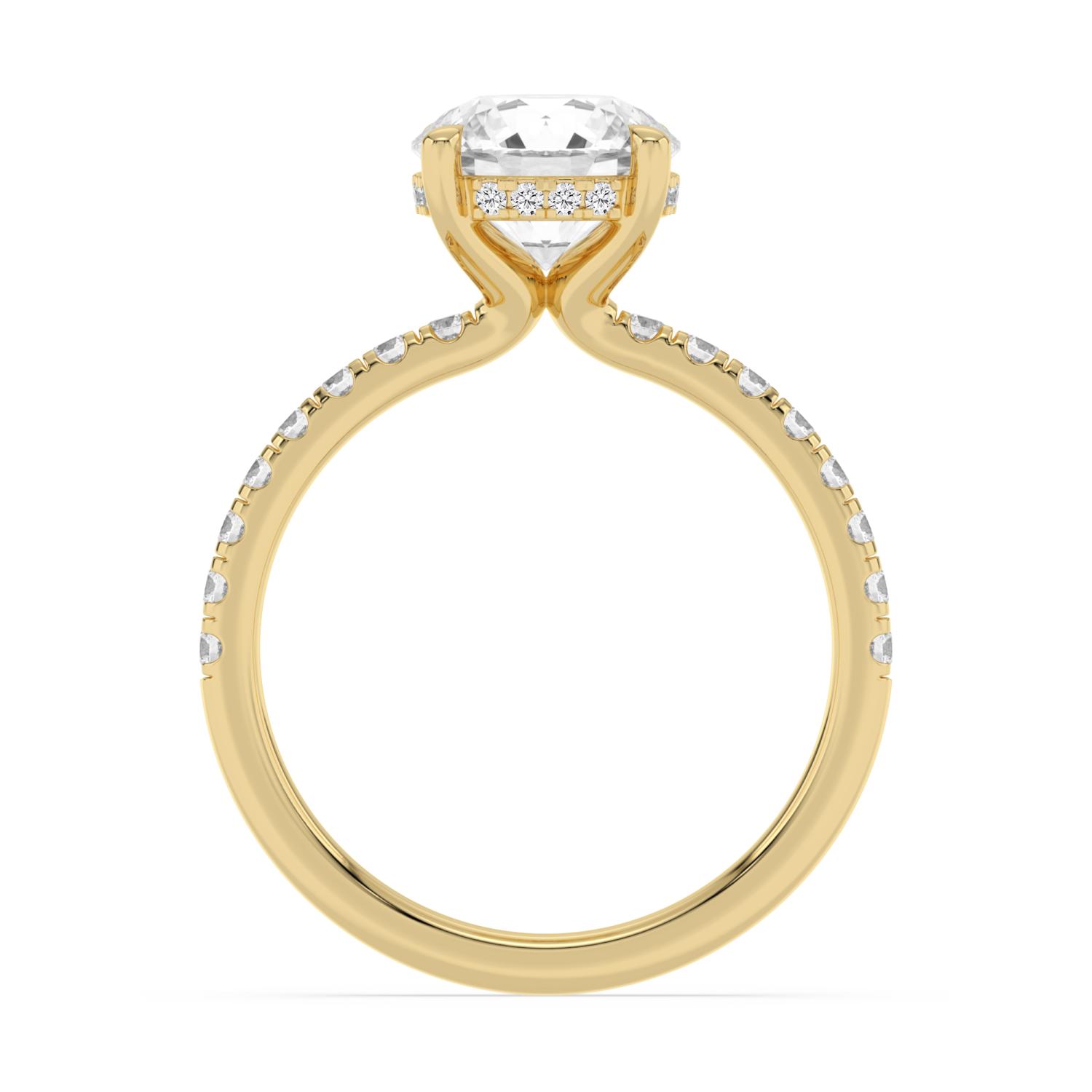 Cera, Four Prong Round Solitaire, Pavé Band, Hidden Halo in Yellow Gold, round, plain background, alternate view