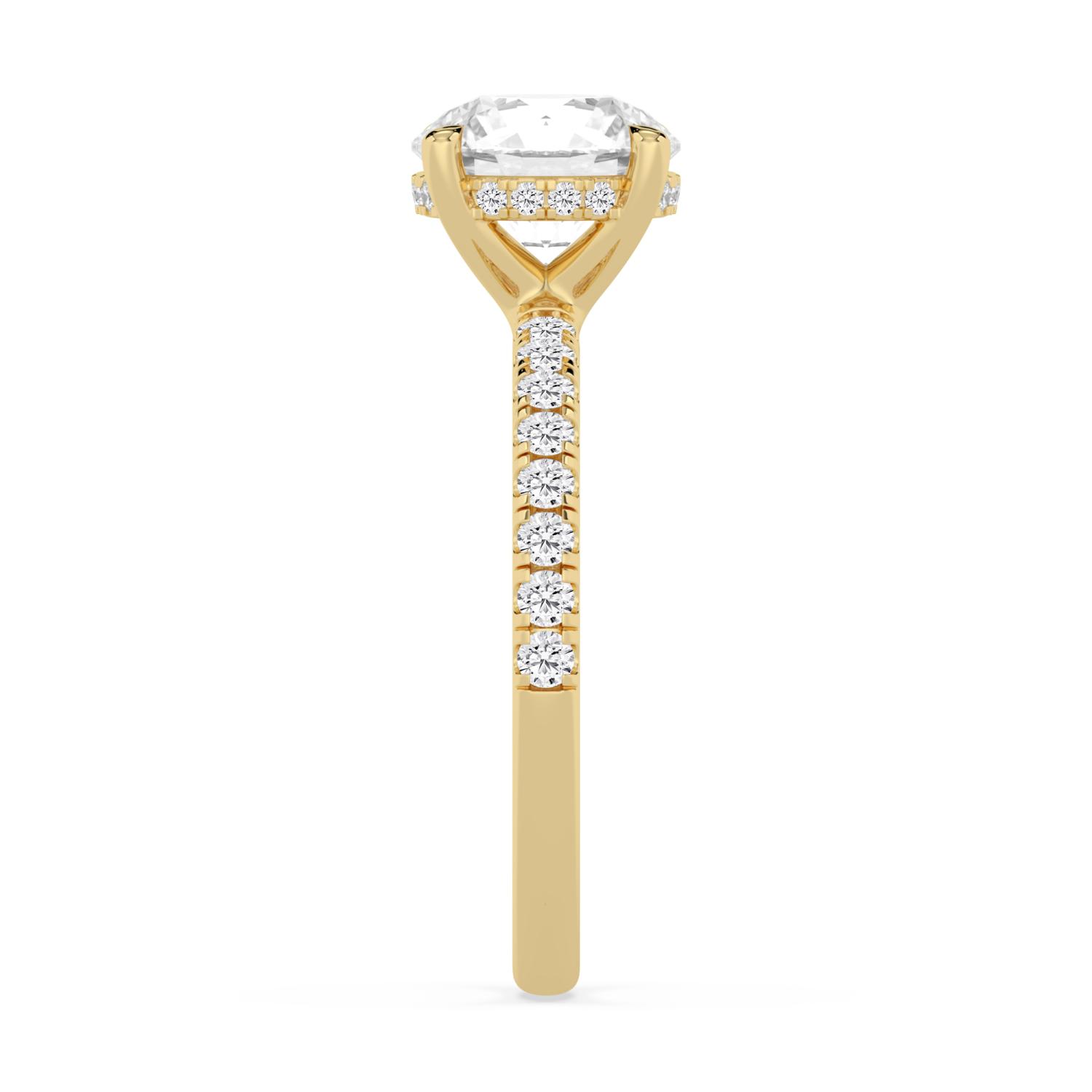 Cera, Four Prong Round Solitaire, Pavé Band, Hidden Halo in Yellow Gold, round, plain background, alternate view