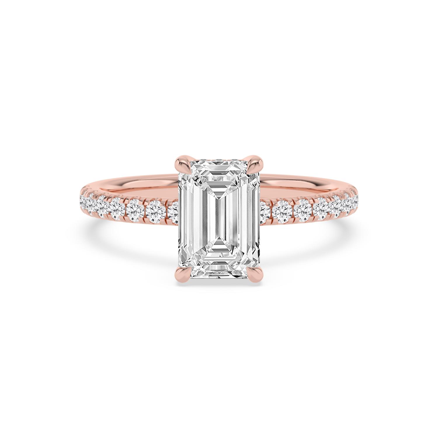 Fawn, Four Prong Emerald Solitaire, Pavé Band, Hidden Halo in Rose Gold, emerald, plain background