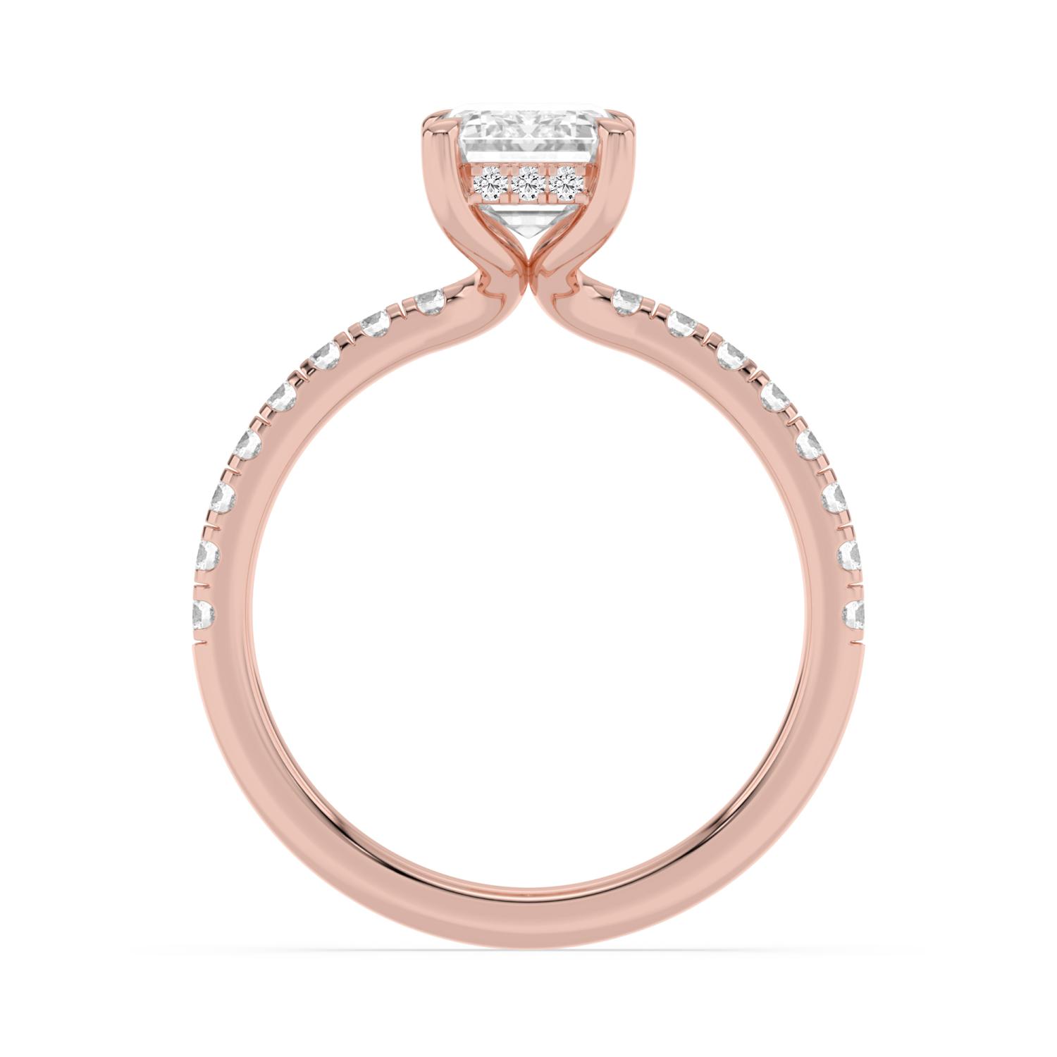 Fawn, Four Prong Emerald Solitaire, Pavé Band, Hidden Halo in Rose Gold, emerald, plain background, alternate view