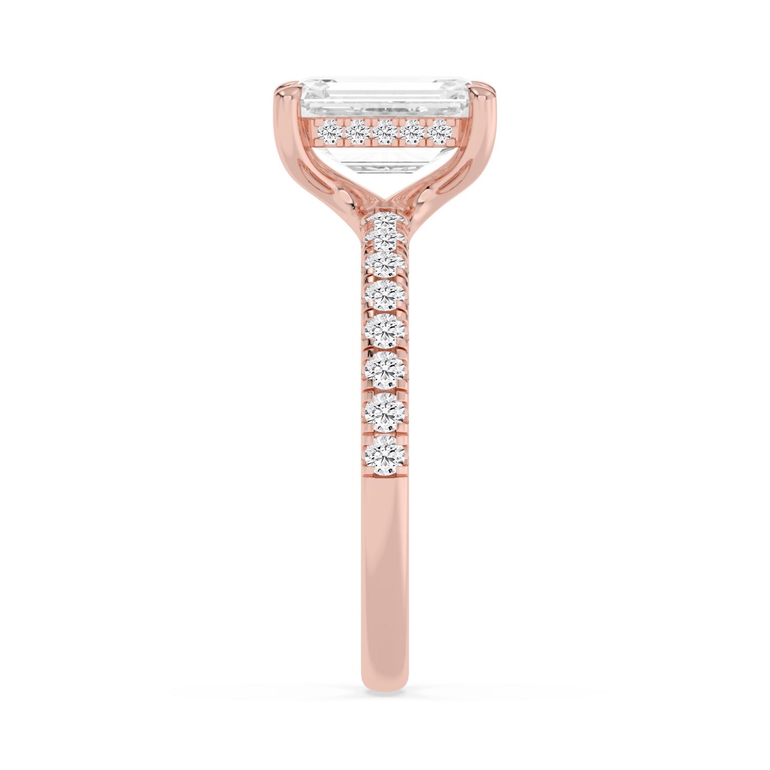 Fawn, Four Prong Emerald Solitaire, Pavé Band, Hidden Halo in Rose Gold, emerald, plain background, alternate view