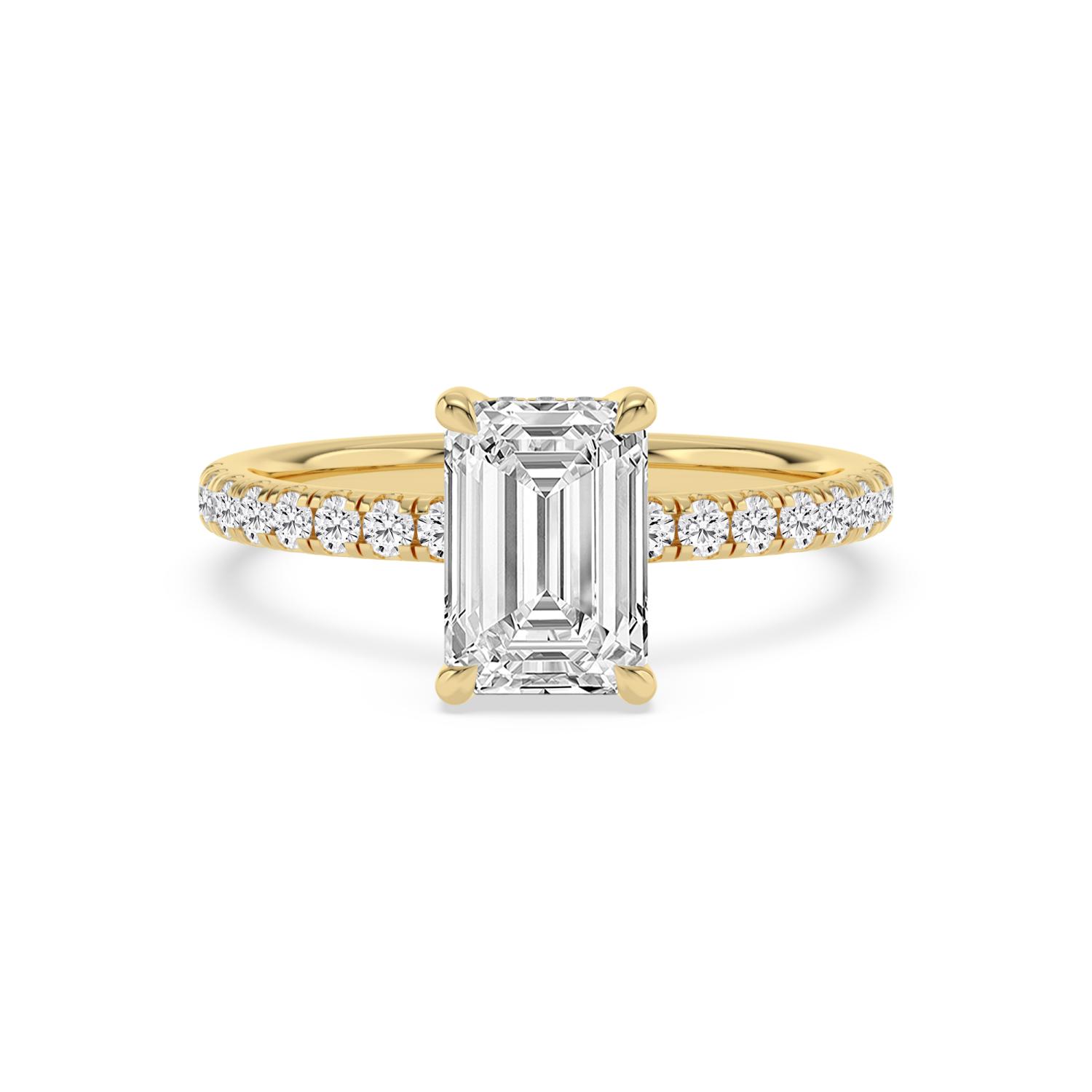 Fawn, Four Prong Emerald Solitaire, Pavé Band, Hidden Halo in Yellow Gold, emerald, plain background