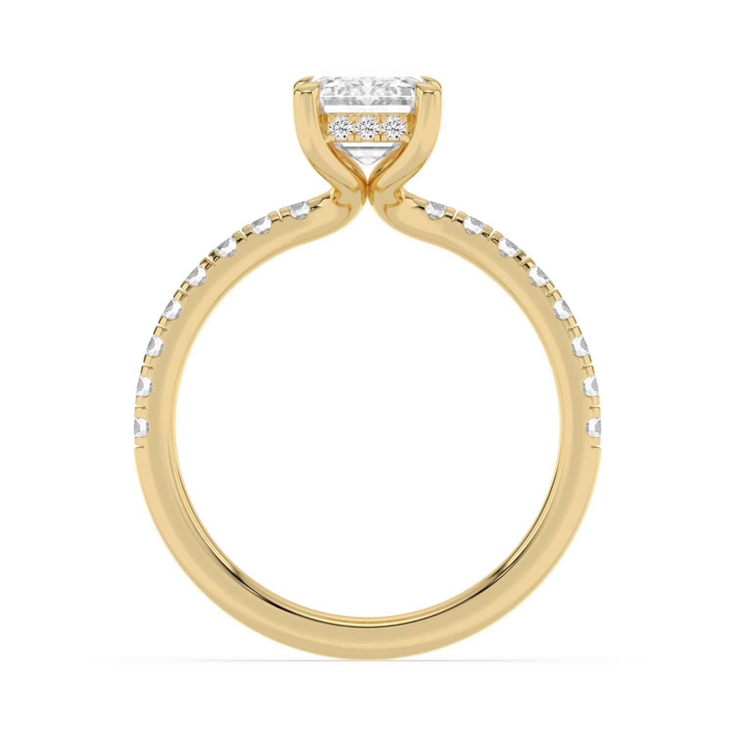 Fawn, Four Prong Emerald Solitaire, Pavé Band, Hidden Halo in Yellow Gold, emerald, plain background, alternate view