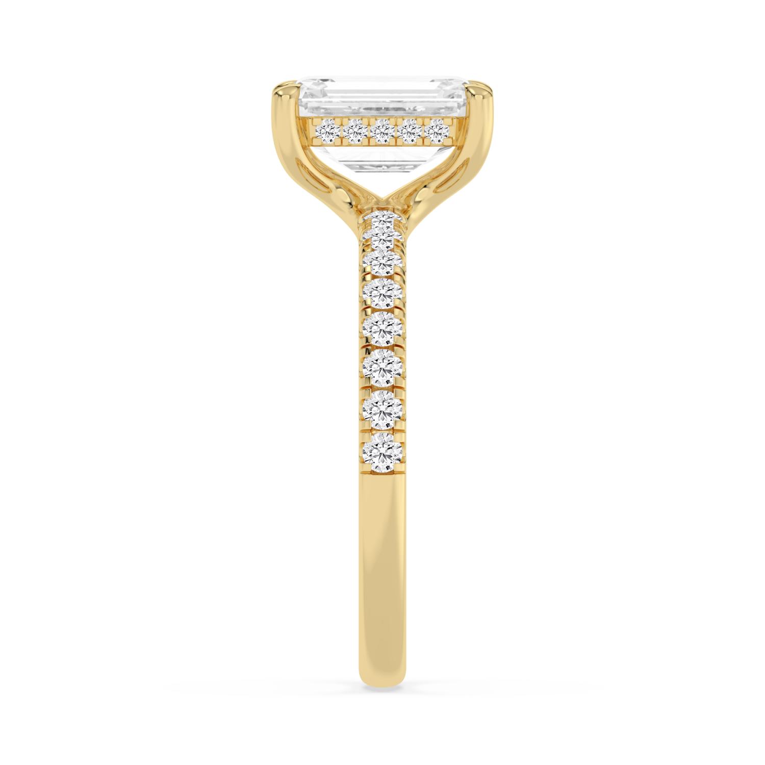 Fawn, Four Prong Emerald Solitaire, Pavé Band, Hidden Halo in Yellow Gold, emerald, plain background, alternate view