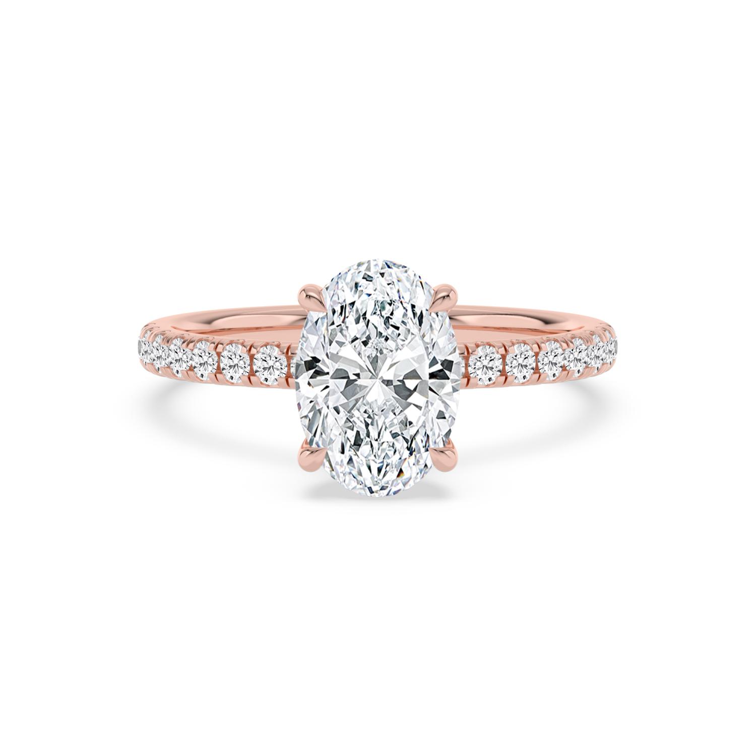 Fen, Four Prong Oval Solitaire, Pavé Band, Hidden Halo in Rose Gold, oval, plain background