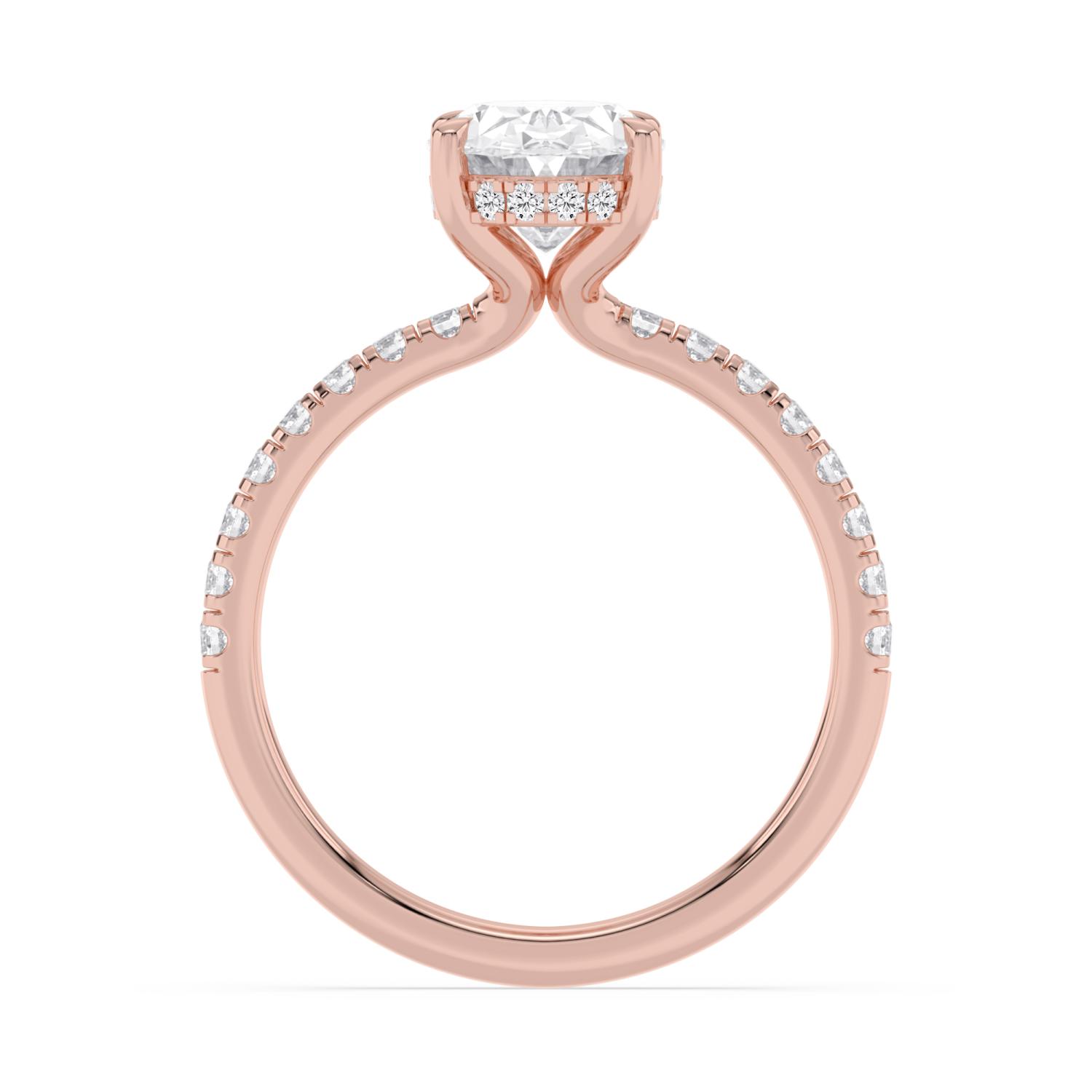 Fen, Four Prong Oval Solitaire, Pavé Band, Hidden Halo in Rose Gold, oval, plain background, alternate view