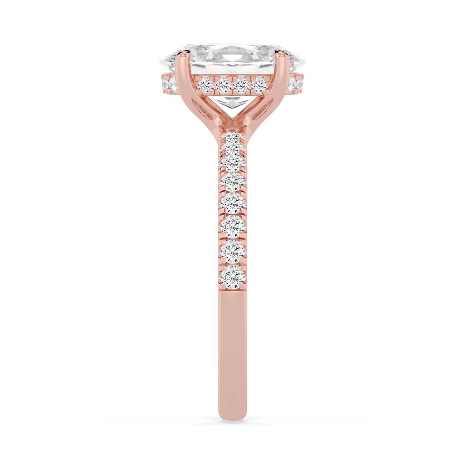 Fen, Four Prong Oval Solitaire, Pavé Band, Hidden Halo in Rose Gold, oval, plain background, alternate view