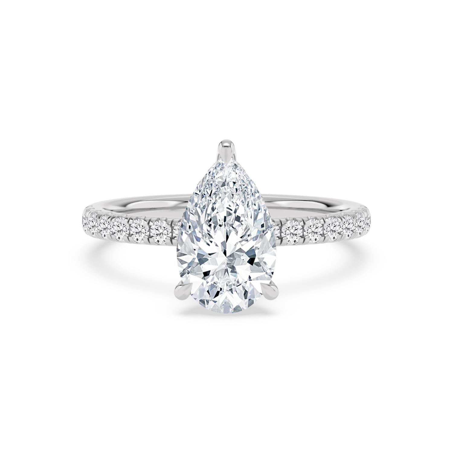 Fleet, Five Prong Pear Solitaire, Pavé Band, Hidden Halo in White Gold, pear, plain background