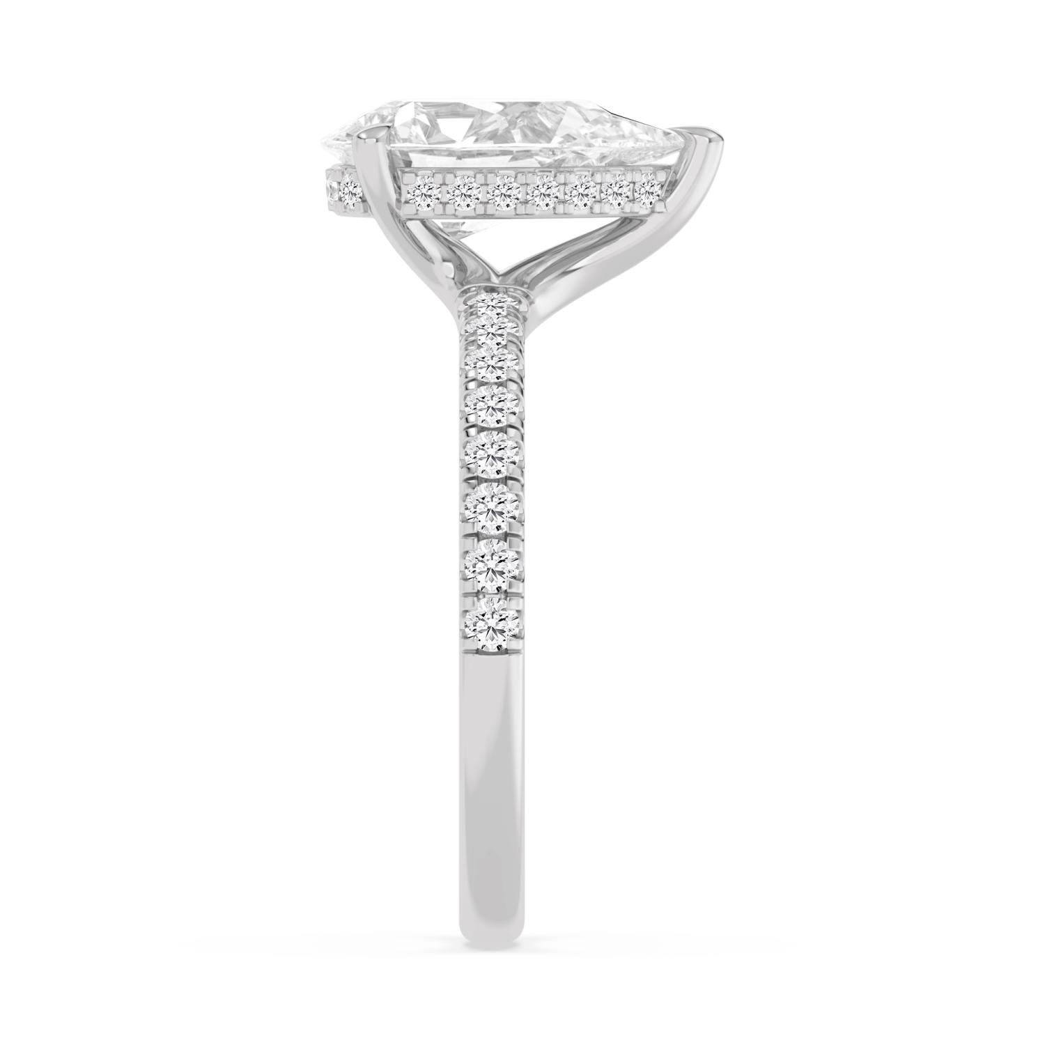 Fleet, Five Prong Pear Solitaire, Pavé Band, Hidden Halo in White Gold, pear, plain background, alternate view