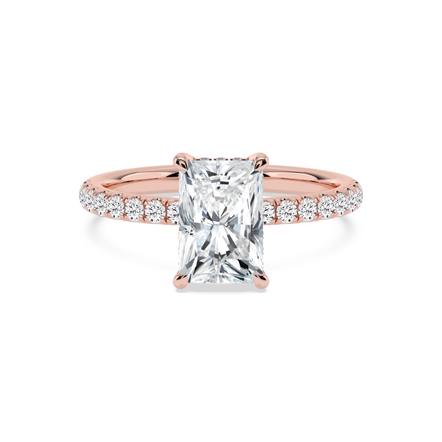 Flax, Four Prong Radiant Solitaire, Pavé Band, Hidden Halo in Rose Gold, radiant, plain background