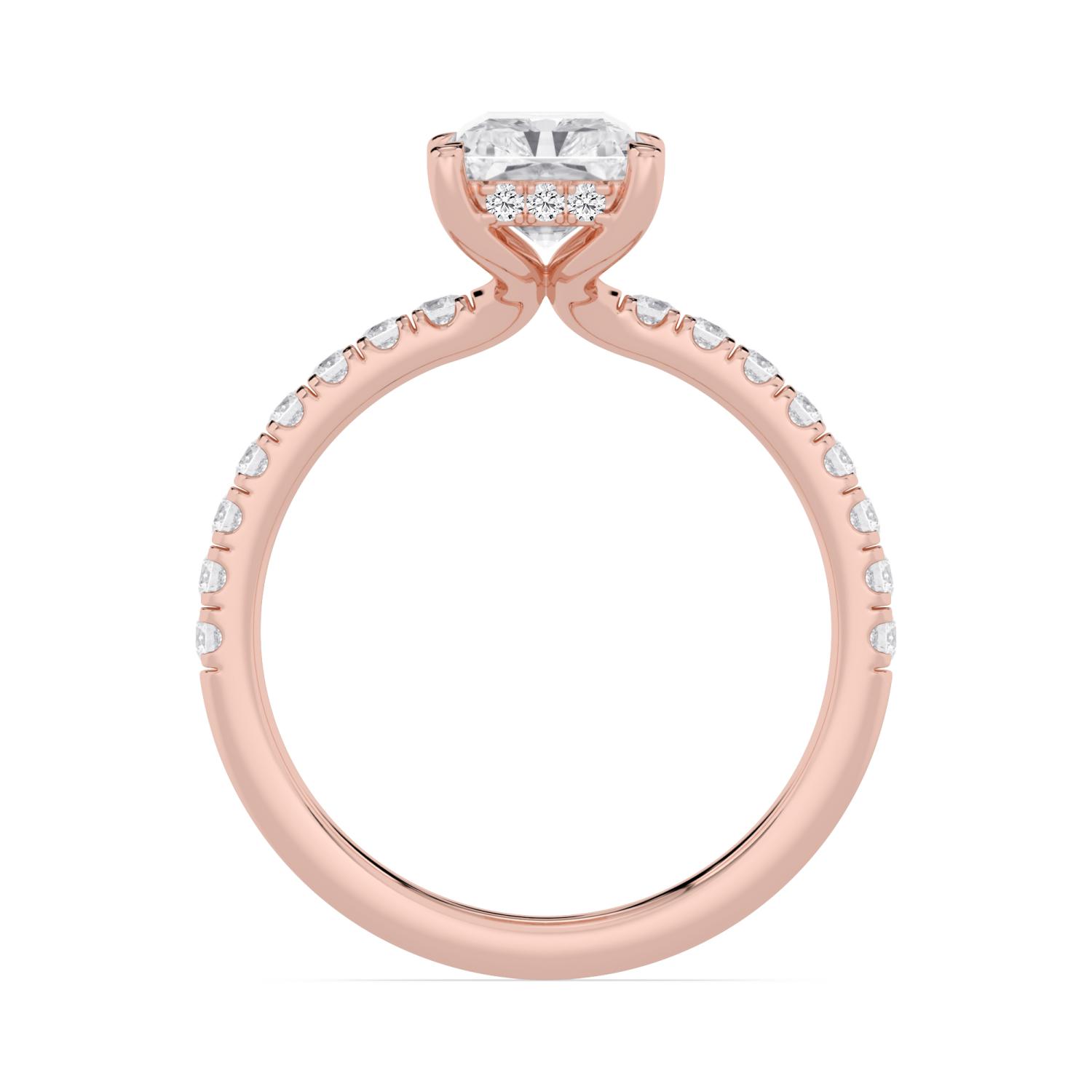 Flax, Four Prong Radiant Solitaire, Pavé Band, Hidden Halo in Rose Gold, radiant, plain background, alternate view