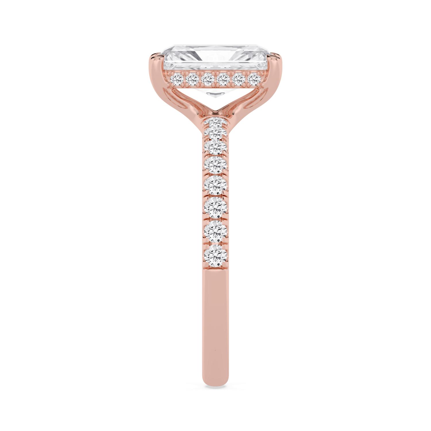 Flax, Four Prong Radiant Solitaire, Pavé Band, Hidden Halo in Rose Gold, radiant, plain background, alternate view