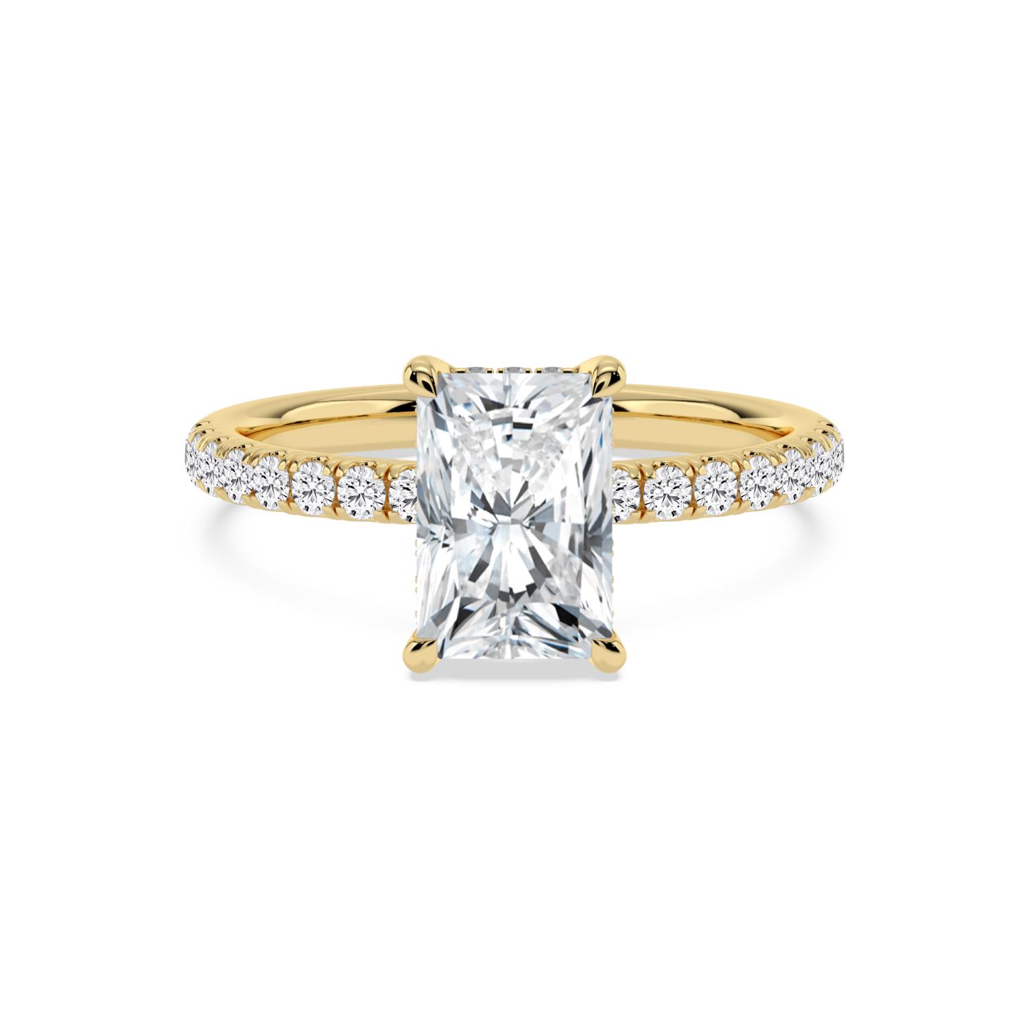 Flax, Four Prong Radiant Solitaire, Pavé Band, Hidden Halo in Yellow Gold, radiant, plain background